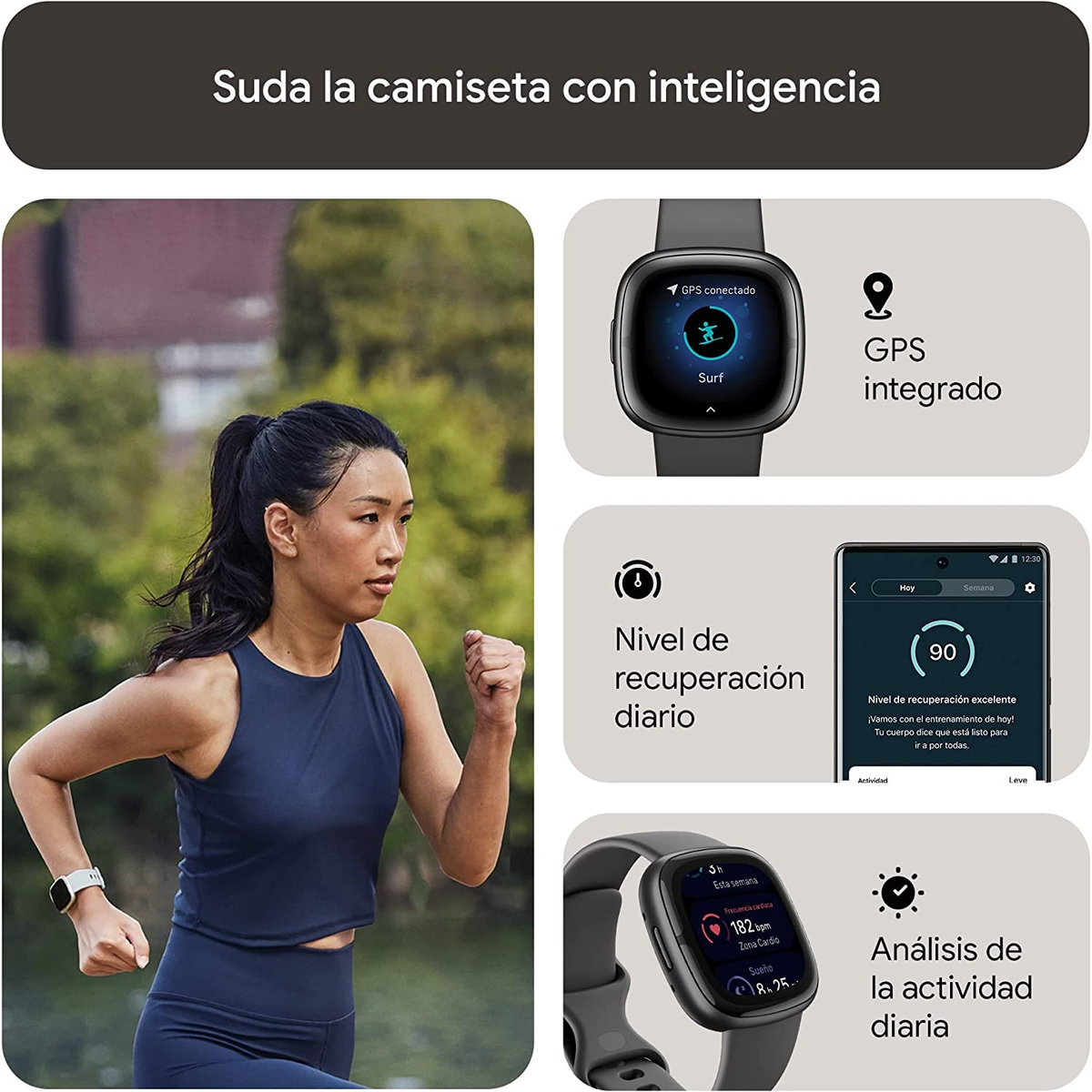 Kobieta biegnąca ze smartwatchem, pokazująca dane fitness i śledzenie GPS.