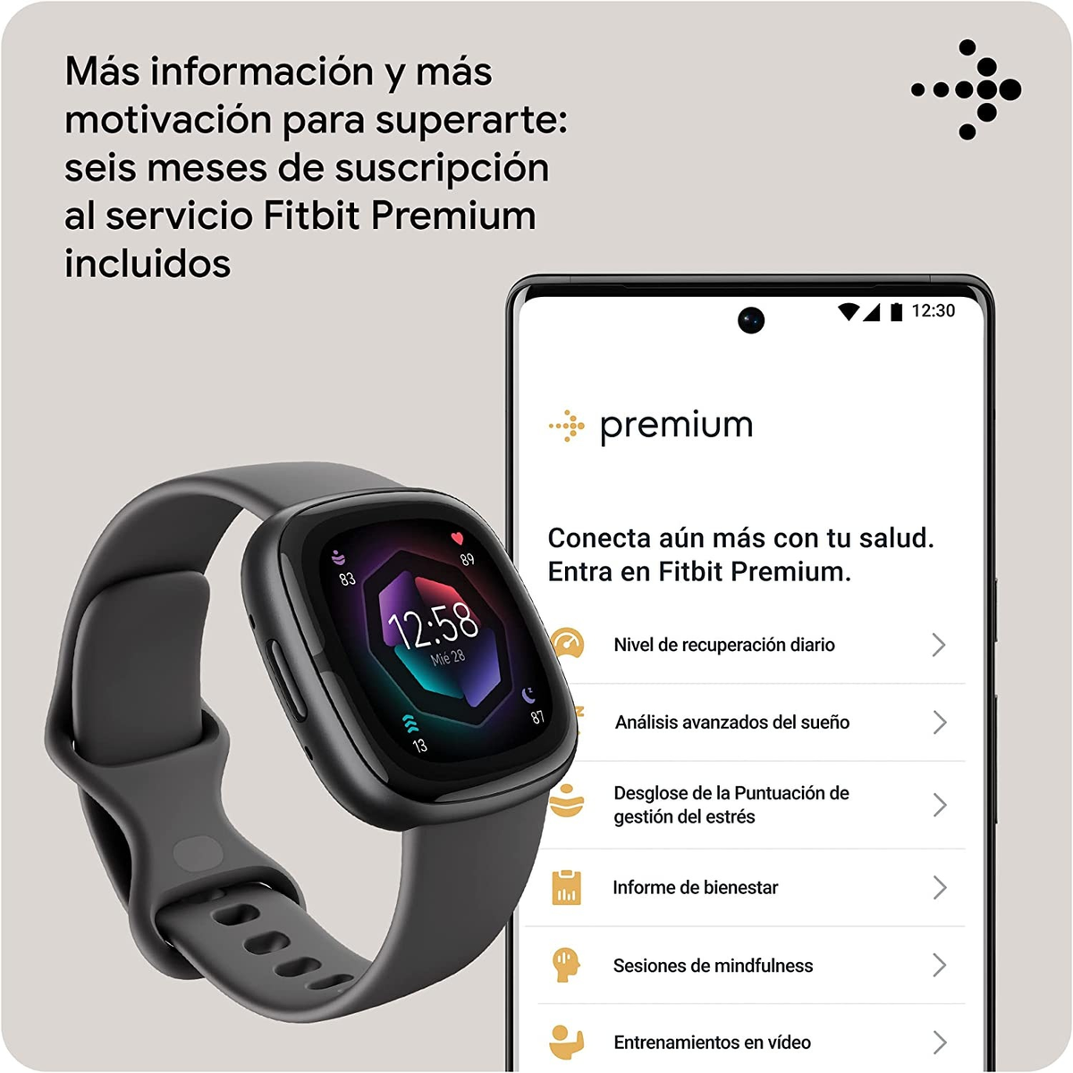 Smartwatch z czarnym paskiem i telefon wyświetlający funkcje premium. Tekst w języku hiszpańskim.