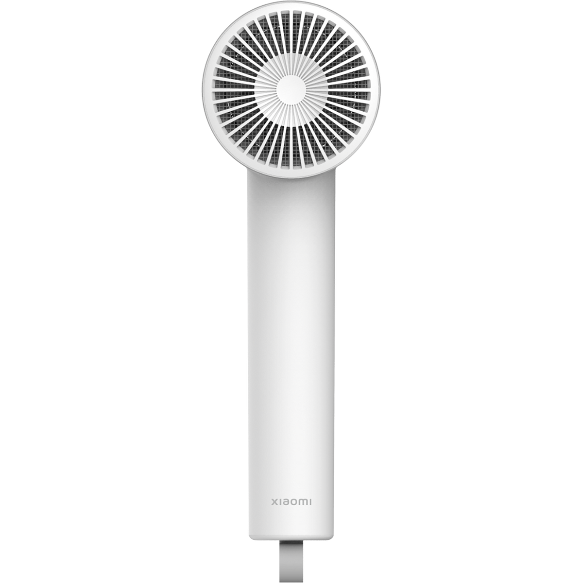 Biały wentylator ręczny z długą rączką. Wentylator ma okrągłą głowicę z kratką.