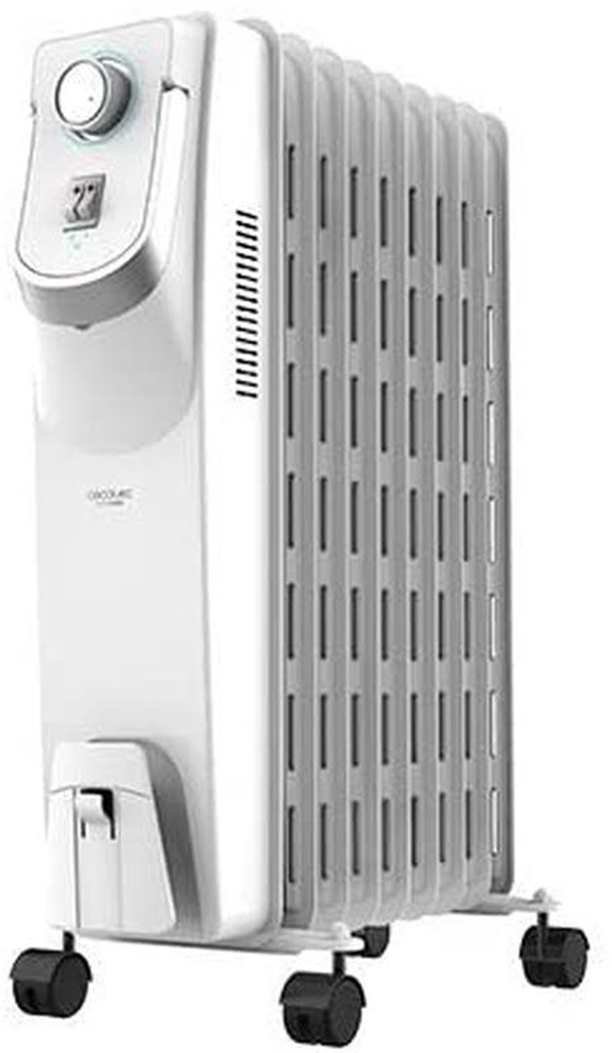 Biały grzejnik olejowy z panelem sterowania i kółkami. Stoi w pozycji pionowej.