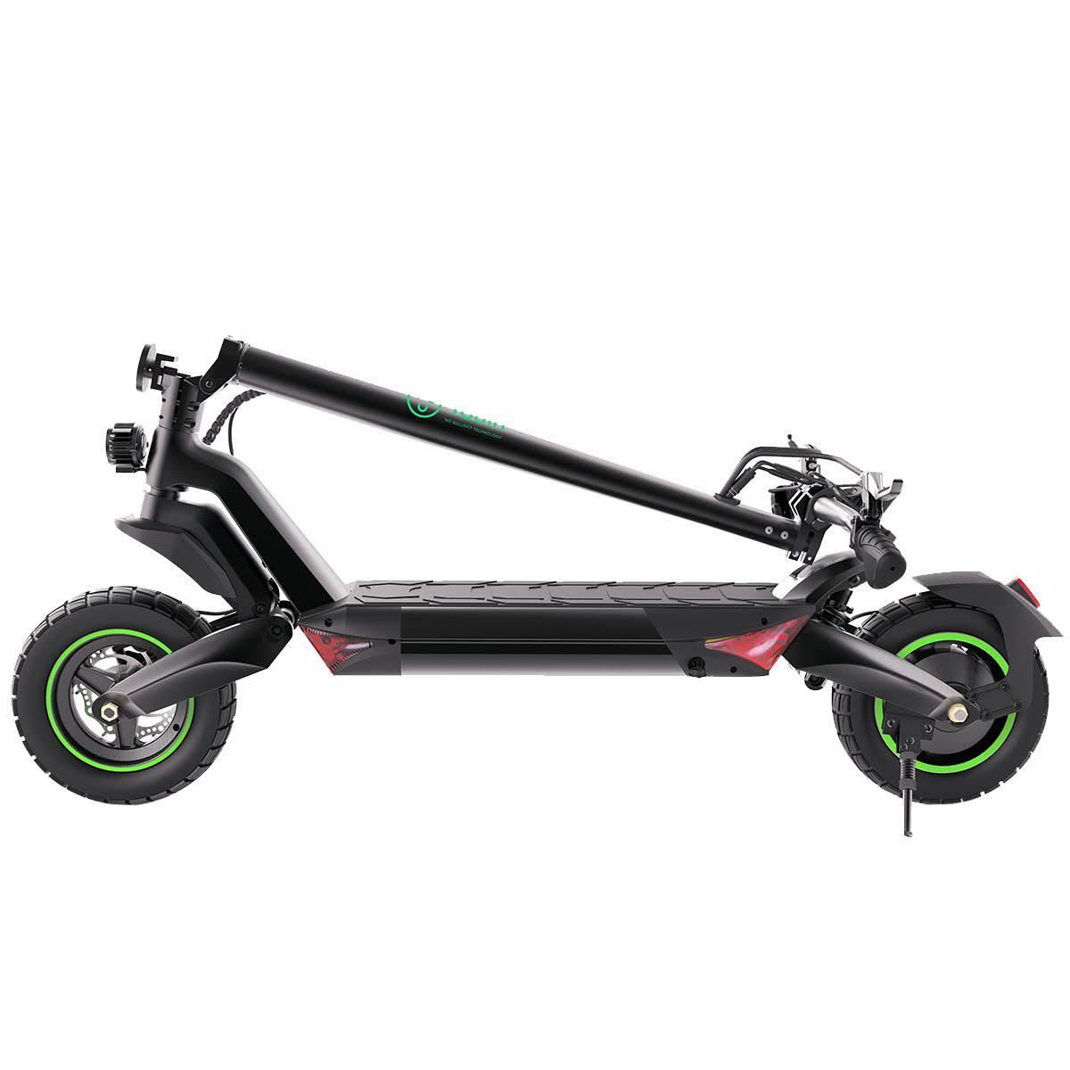 Scooter eléctrico negro. Tiene dos ruedas con llantas verdes, marco negro y diseño plegable.