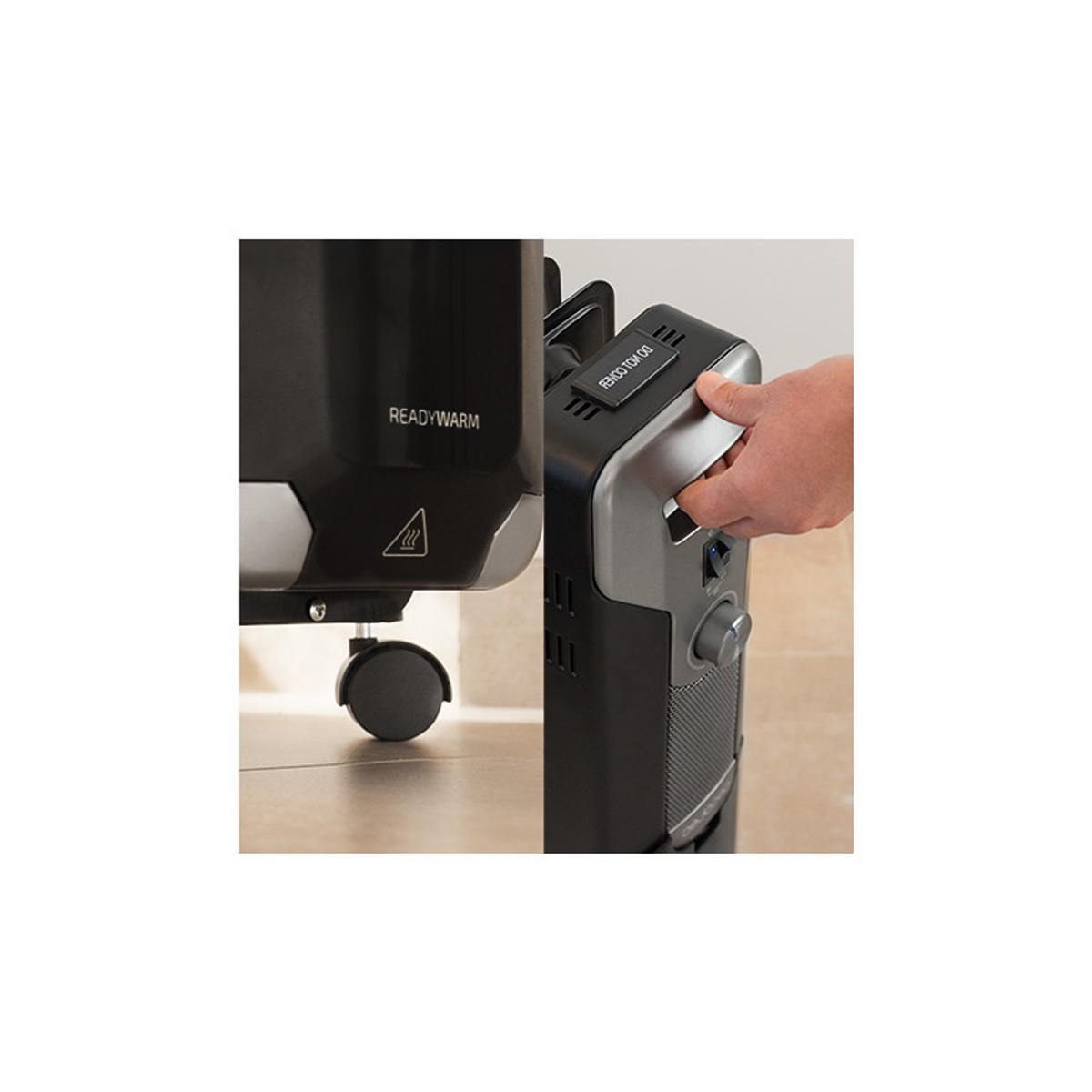 Zbliżenie na czarny grzejnik, z dłonią trzymającą uchwyt i panel sterowania.