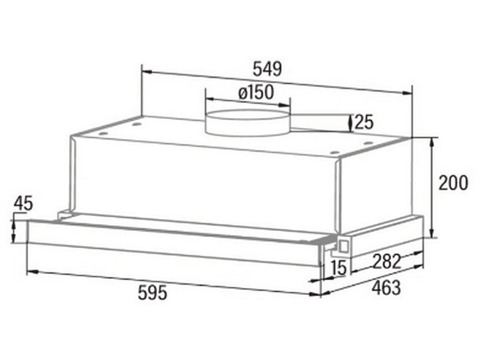 Diagrama de una campana extractora rectangular con dimensiones. Tiene una ventilación circular y una base rectangular.