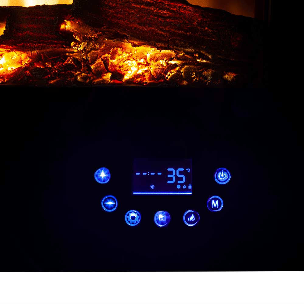 Una chimenea eléctrica negra con una pantalla digital muestra una temperatura de 35 grados Celsius.