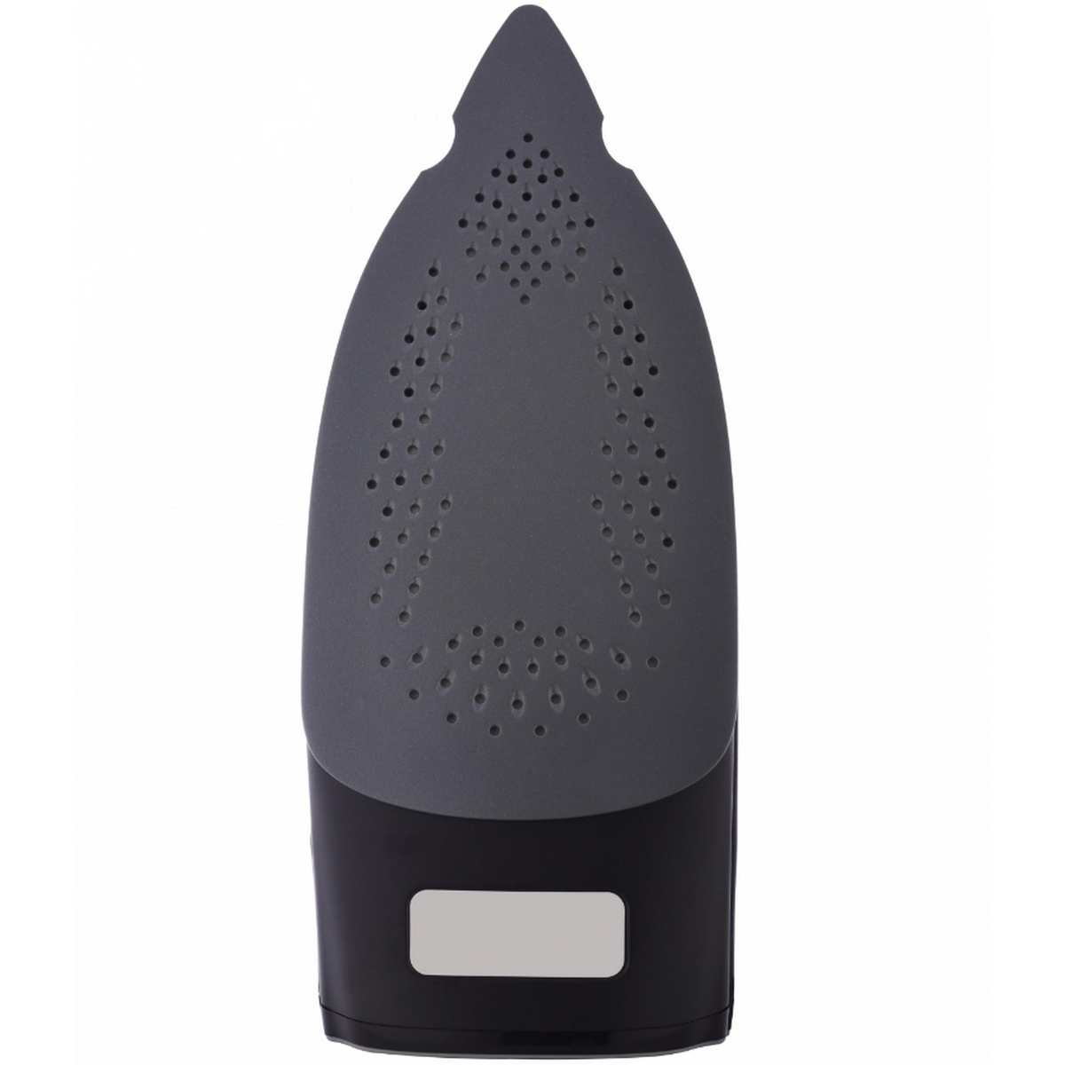 Zbliżenie na stopę czarnego żelazka z wieloma małymi otworami. Żelazko jest czarne i szare.