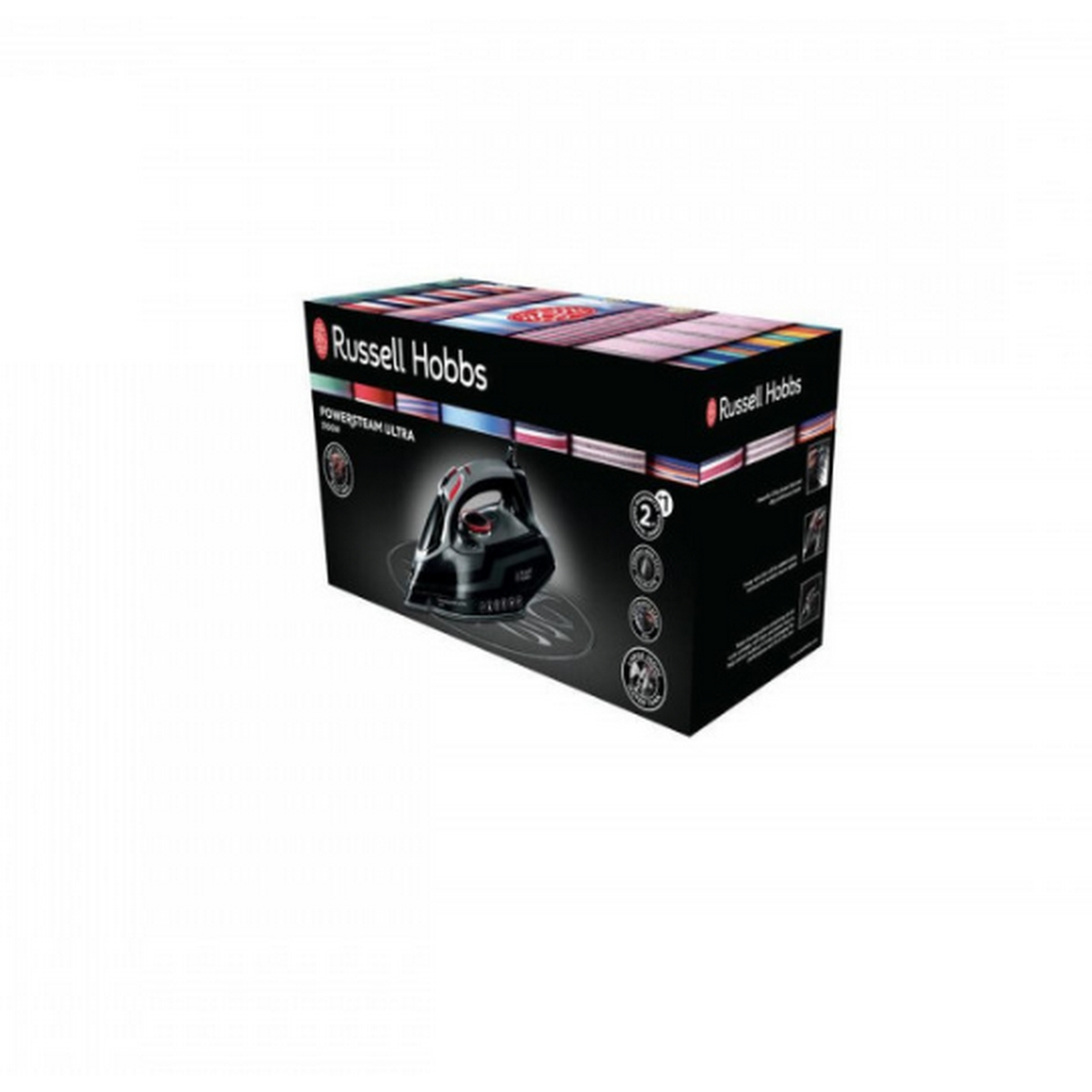 Pudełko żelazka Russell Hobbs Powersteam Ultra, czarne z czerwonymi akcentami, na białym tle.