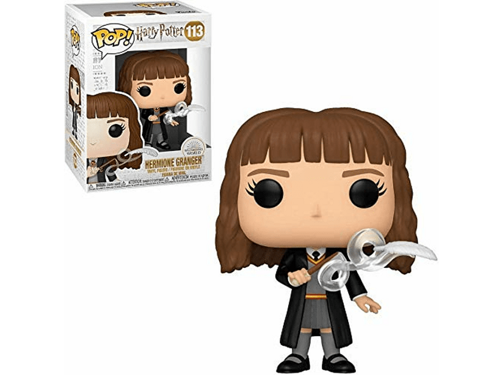 Hermine Granger Funko Pop Figur in Schuluniform mit Zauberstab und Besen.