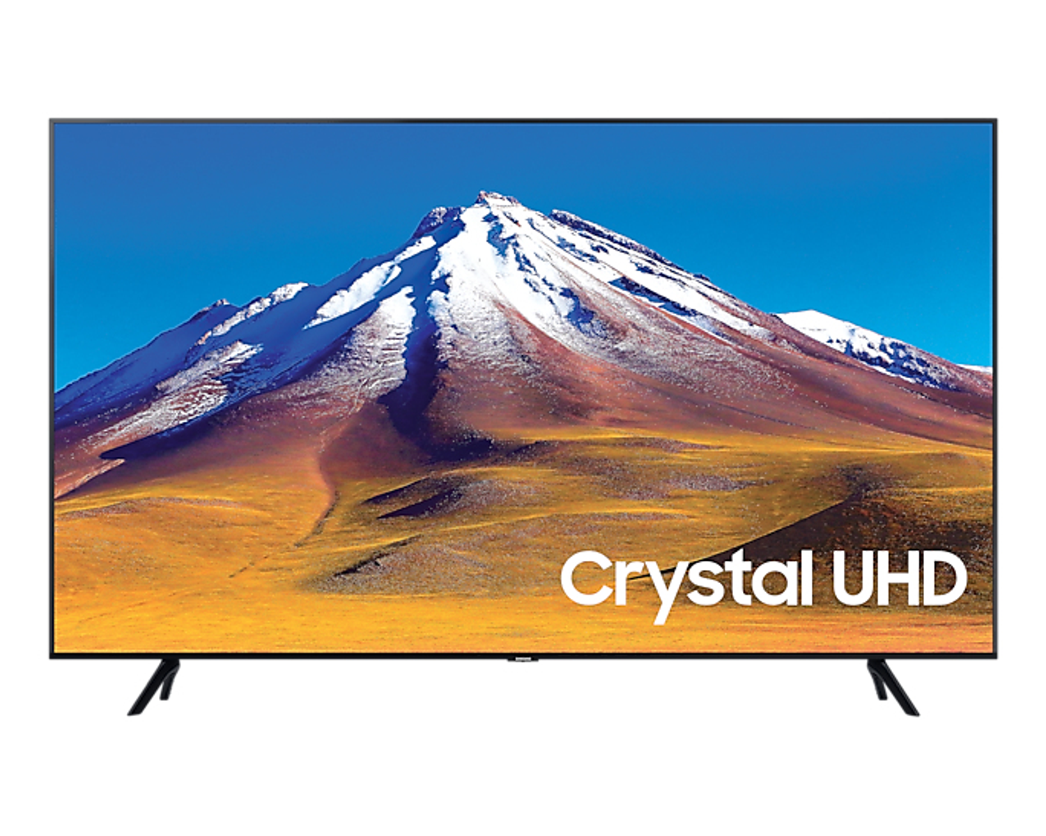 Grande TV a schermo piatto che mostra una scena di montagna. Le parole 'Crystal UHD' sono in basso.
