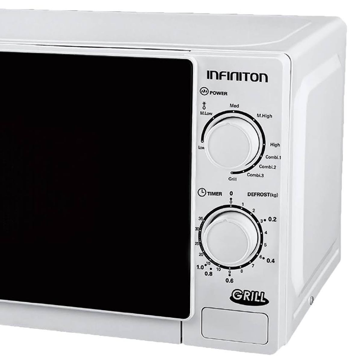 Un horno microondas blanco con mandos y una puerta negra.