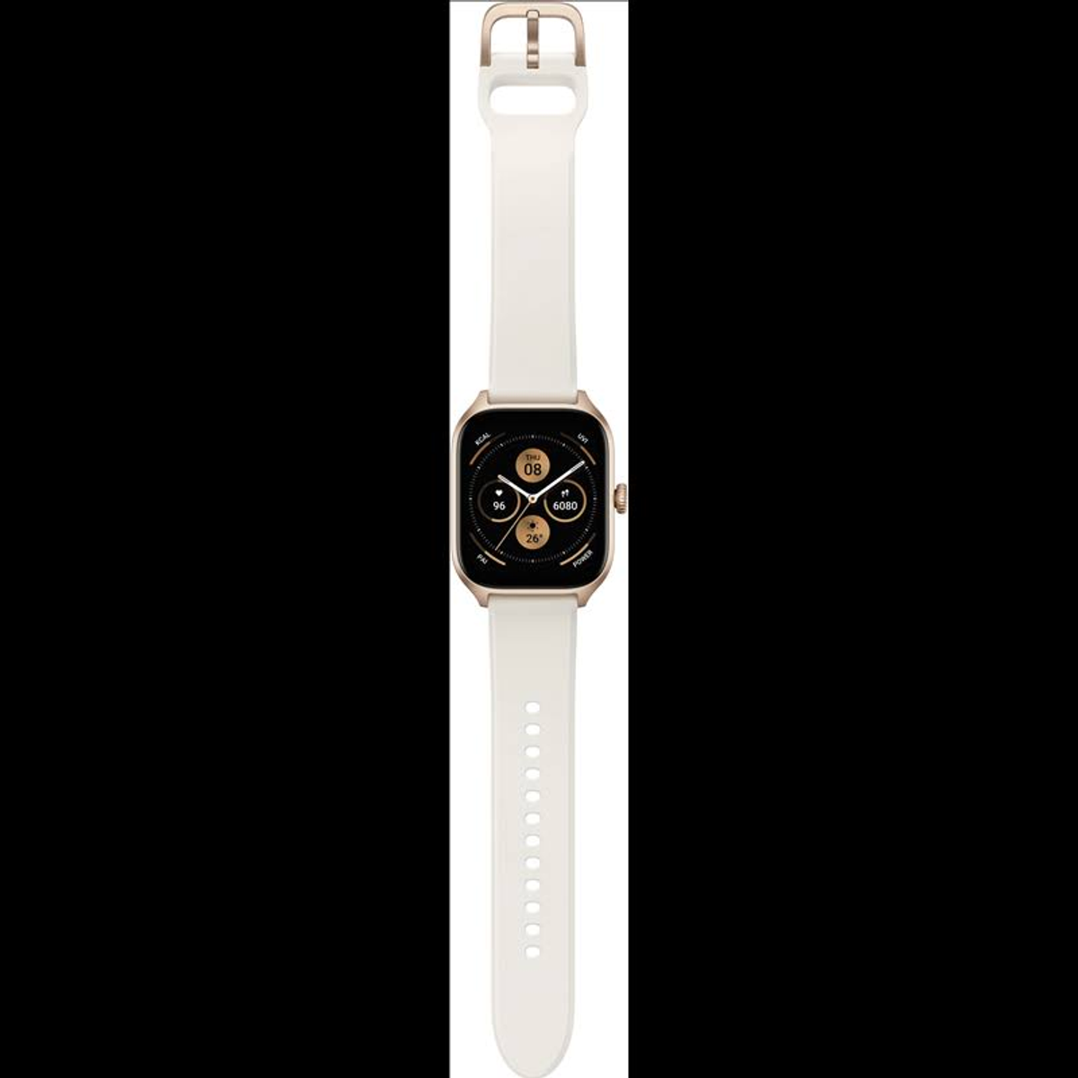 Uno smartwatch bianco con cinturino bianco, visto dall'alto, su sfondo nero.