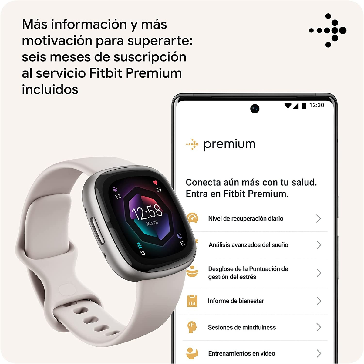 Smartwatch z białym paskiem i ekranem telefonu pokazującym dane zdrowotne. Widoczny tekst w języku hiszpańskim.