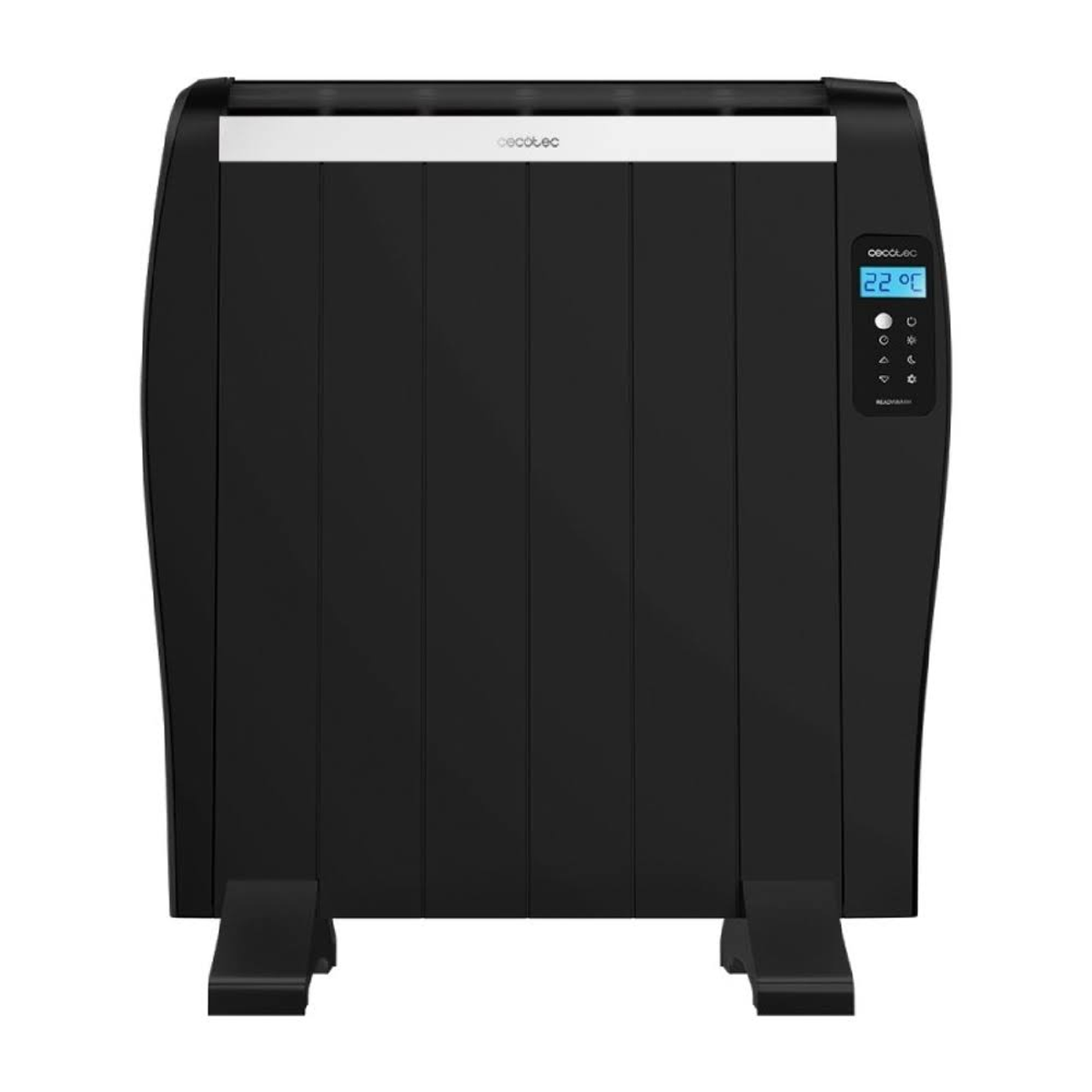 Czarny grzejnik elektryczny z wyświetlaczem cyfrowym.