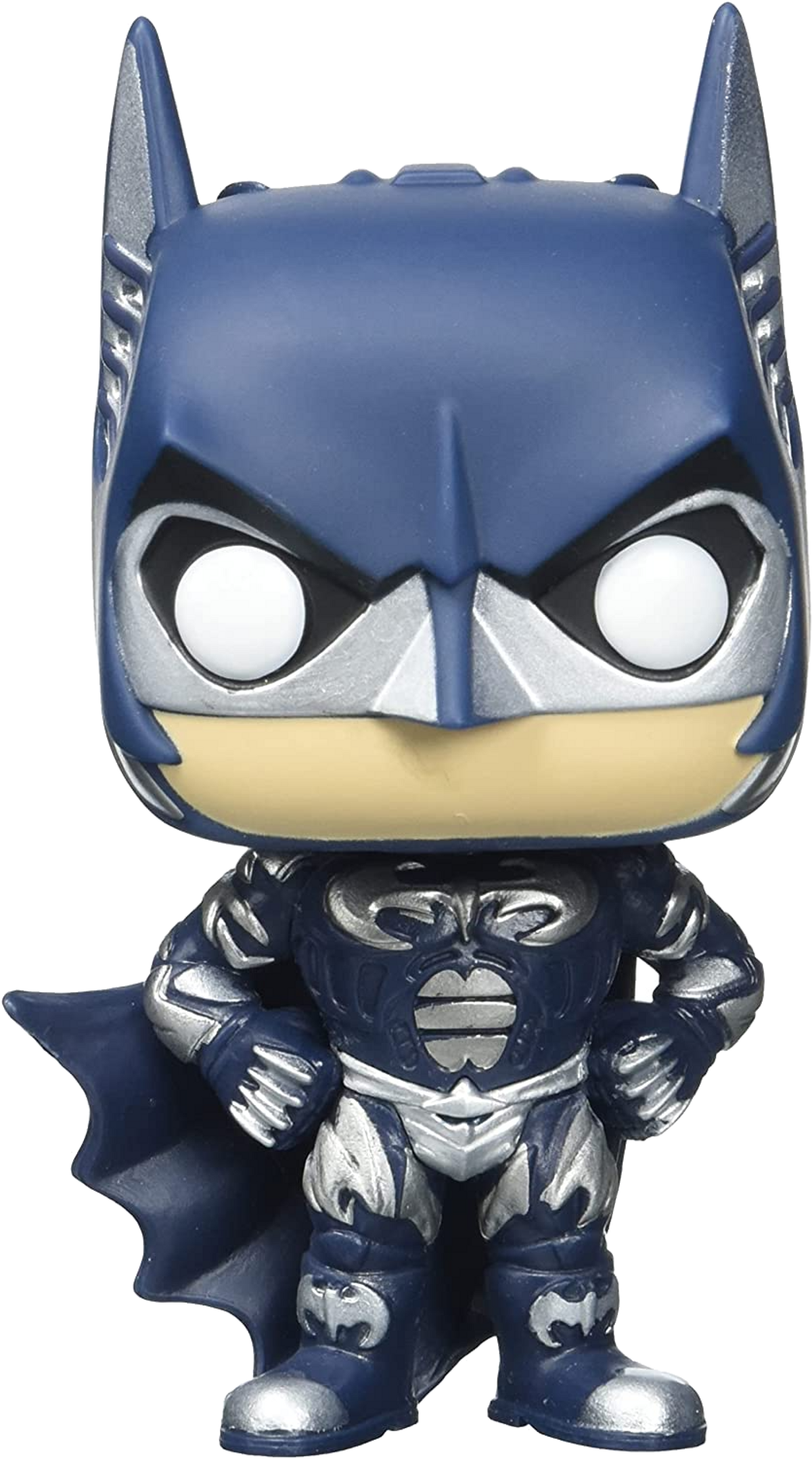 Statuetta Funko Pop di Batman. Abito blu scuro, dettagli argentati, orecchie a punta e mantello.