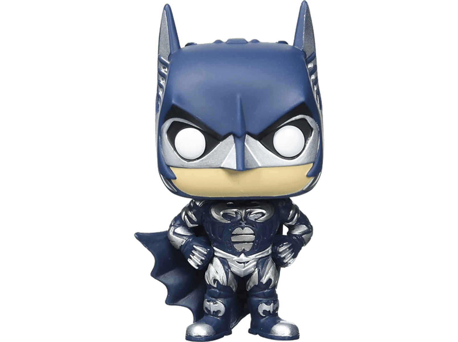 Figura di Batman Funko Pop, blu e argento, sfondo nero.