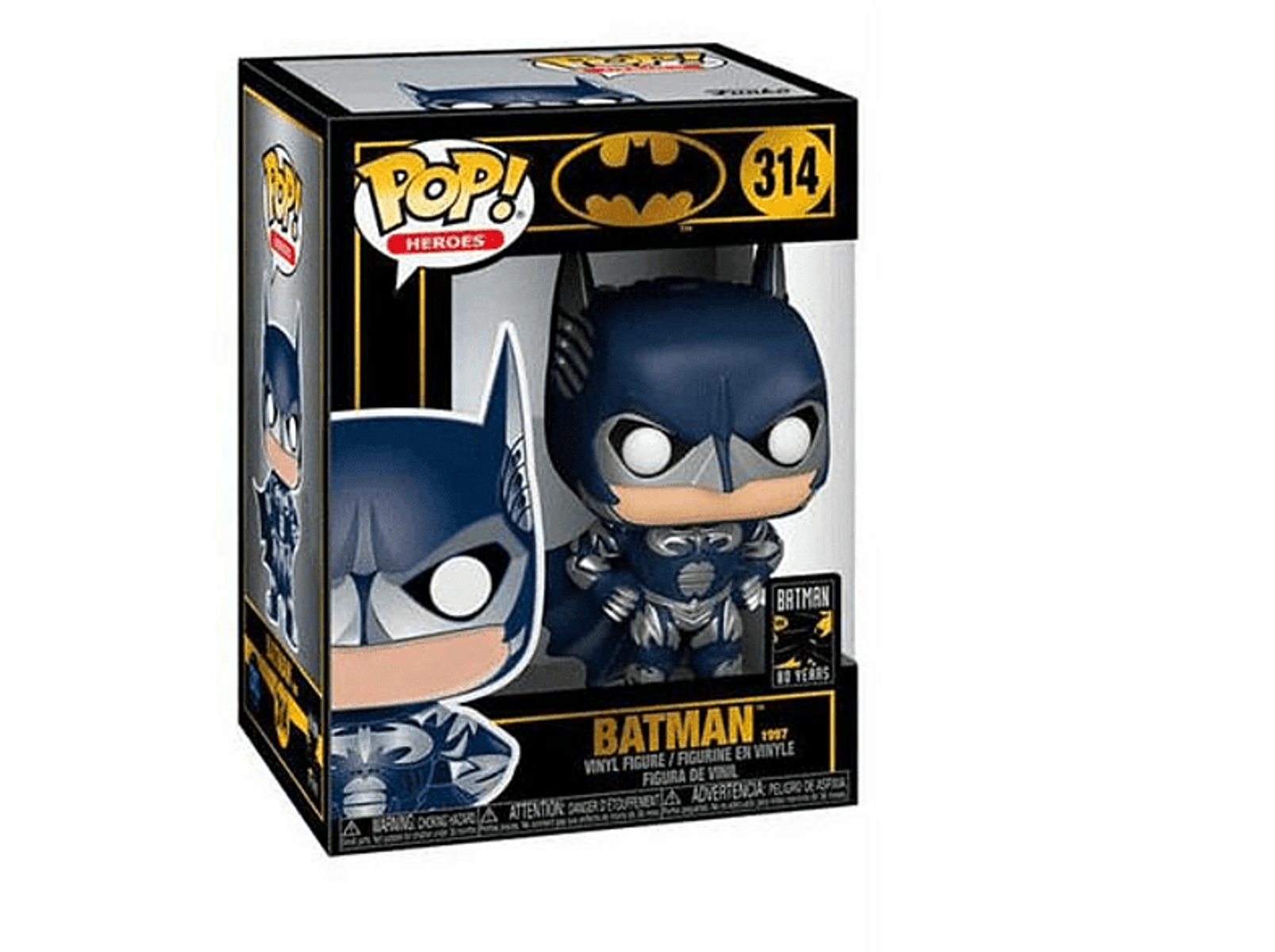 Una figura Funko Pop! di Batman in una scatola. La figura è nera e blu, con un logo Batman dorato.