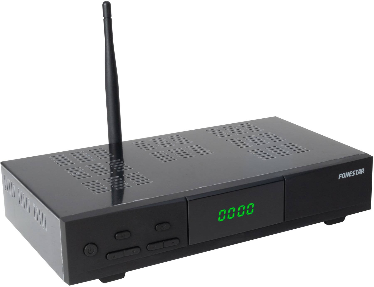 Receptor digital negro con antena. Pantalla verde muestra '0000'. Fondo blanco.