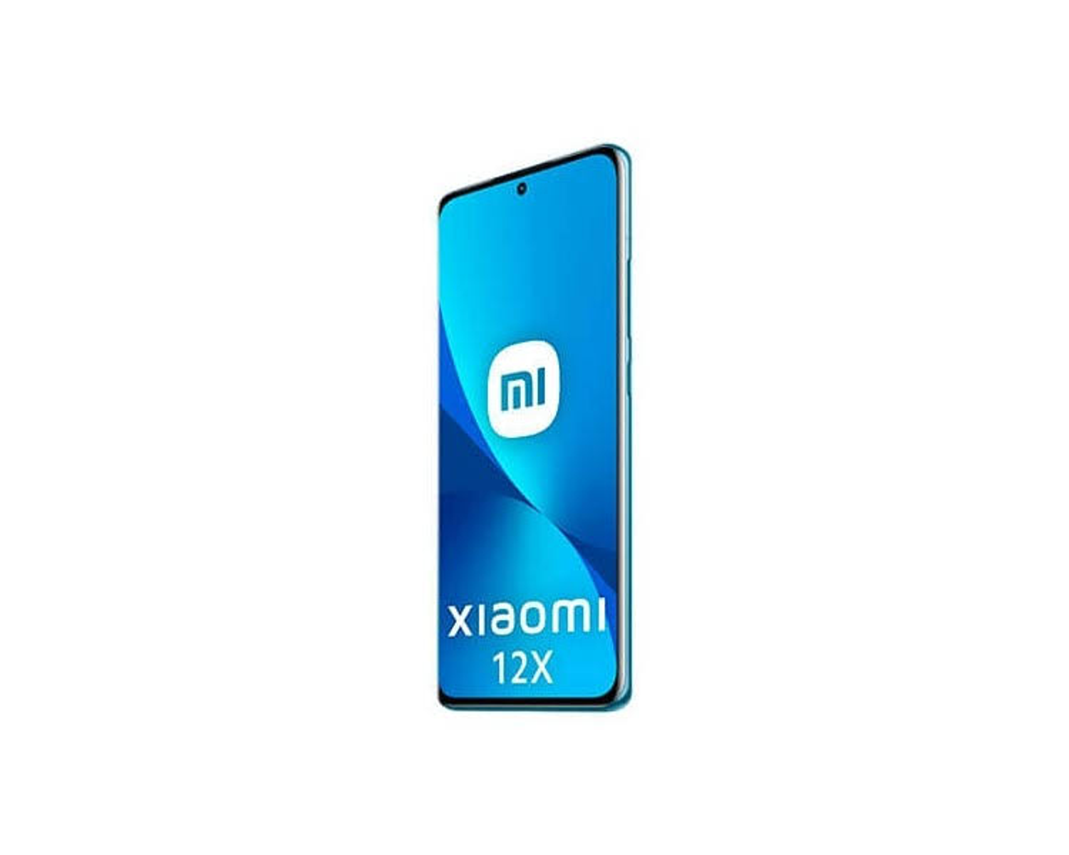 Blaues Xiaomi 12X-Telefon mit dem Xiaomi-Logo. Das Telefon befindet sich auf weißem Hintergrund.