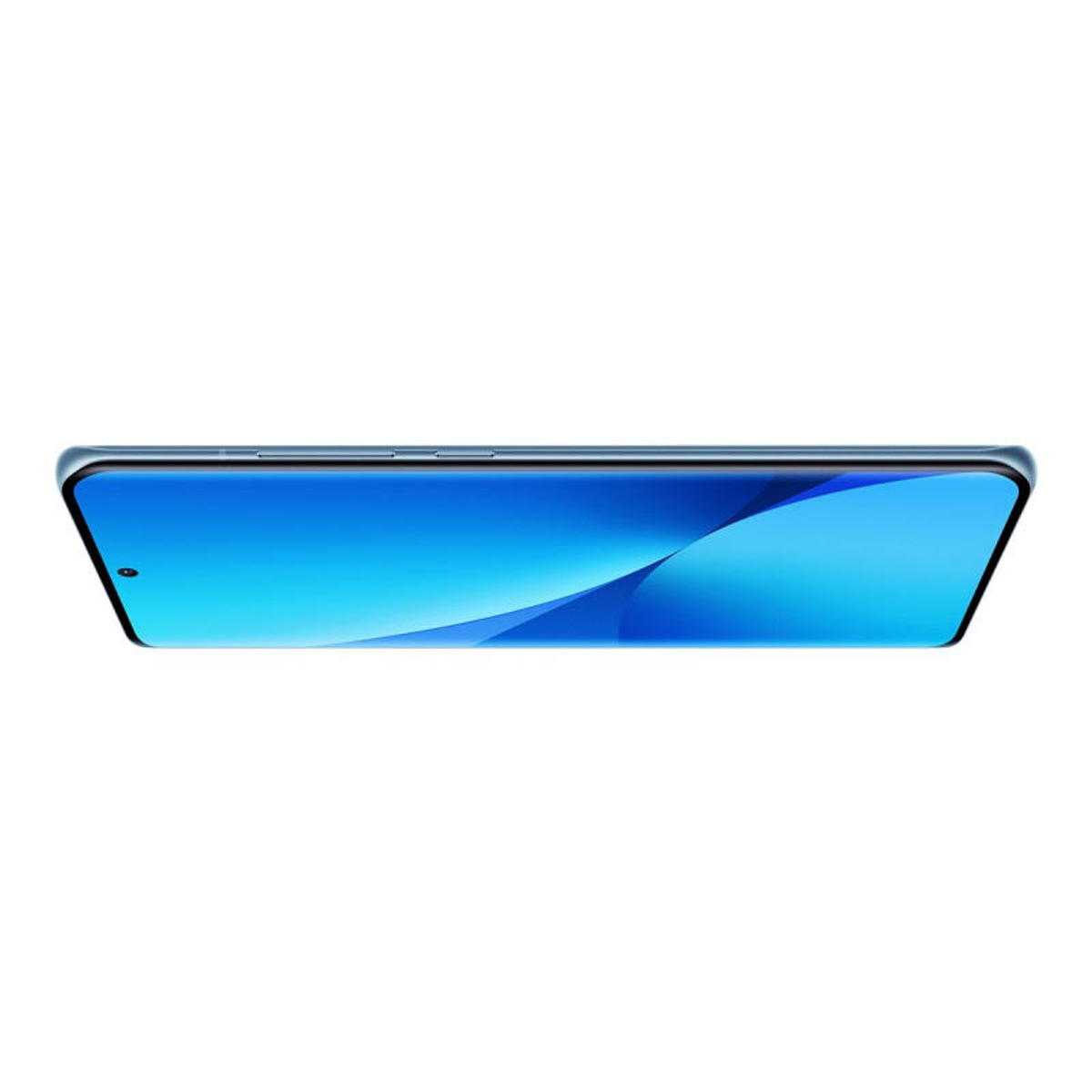 Smartphone, Draufsicht. Bildschirm blau. Schlankes Design. Schwarzer Rahmen. Weißer Hintergrund.