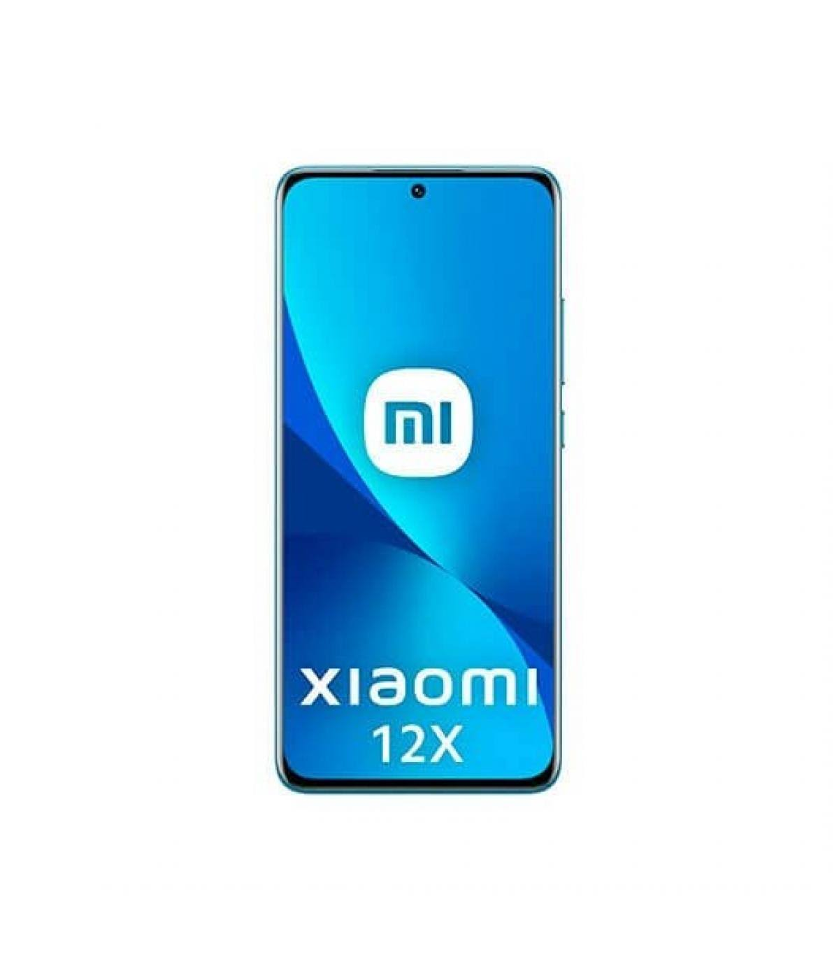 Ein blaues Telefon mit weißem Bildschirm. Das Xiaomi-Logo befindet sich auf dem Bildschirm.
