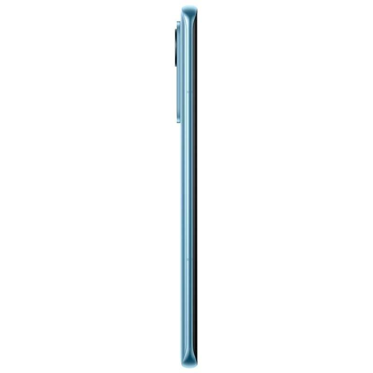 Seitenansicht eines blauen Smartphones. Das Telefon ist dünn und hat eine Kameraausbuchtung.