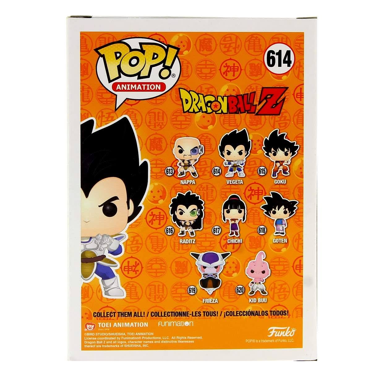 Box mit Dragon Ball Z Charakteren Funko Pop Figuren. Vegeta ist auf der Seite abgebildet.