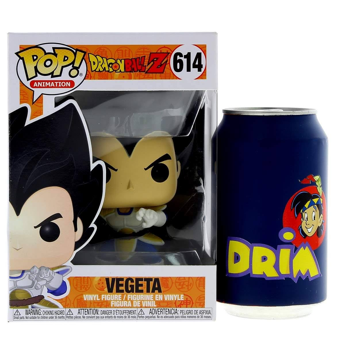 Eine Vegeta Funko Pop Figur in einer Box mit einer DRIM Energy-Drink-Dose.