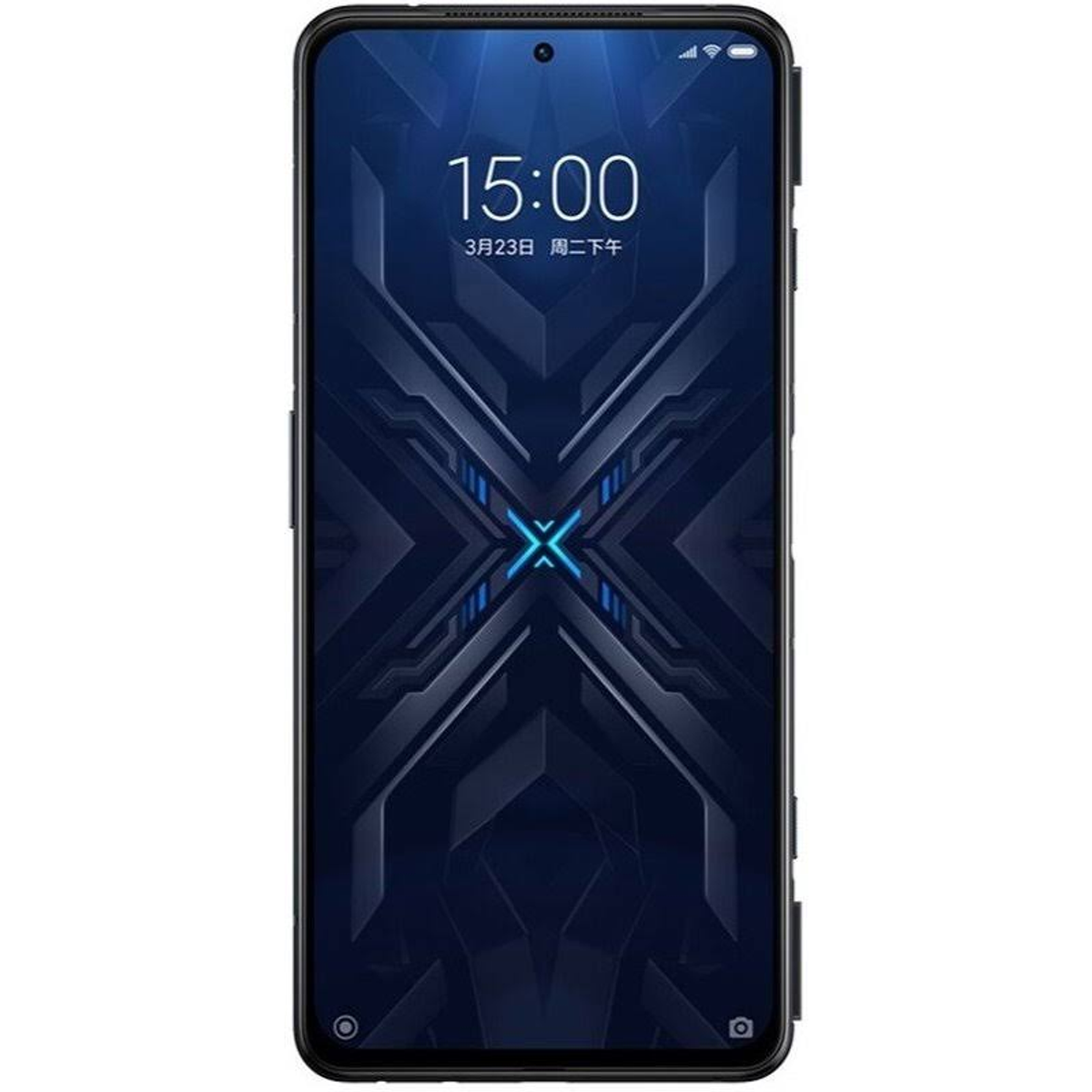 Schwarzes Smartphone mit 15:00 Uhr und Datum. Blauer/schwarzer Hintergrund mit X-Design.