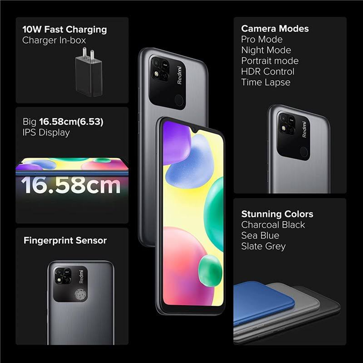Bild zeigt ein Handy mit Funktionen wie Kameramodi und Display-Details. Es ist auf schwarzem Grund.