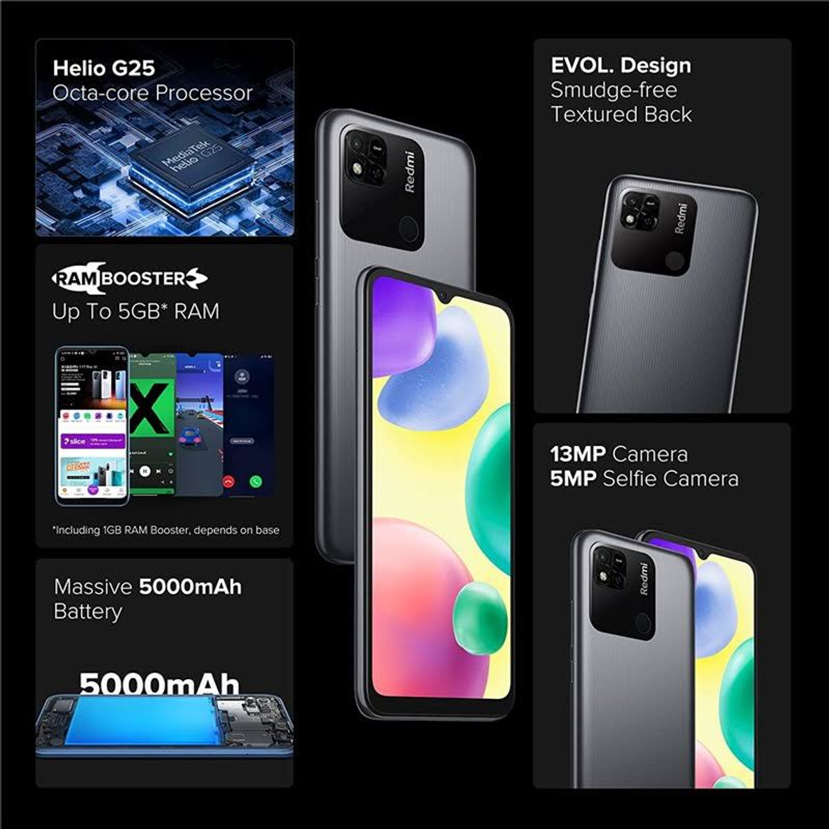 Redmi-Smartphone mit mehreren angezeigten Funktionen auf blauem Hintergrund.