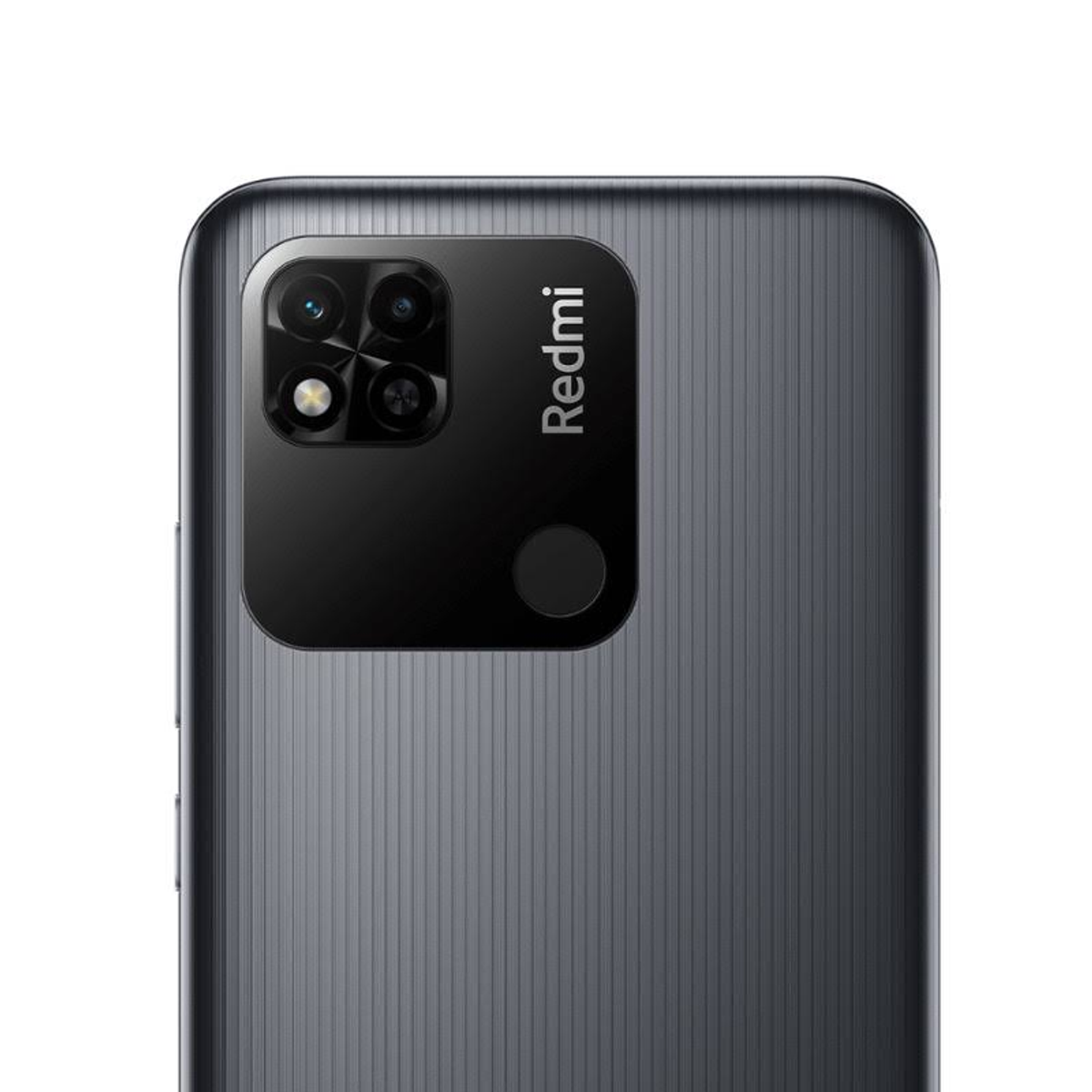 Nahaufnahme der Rückseite eines grauen Smartphones mit Kameramodul und Redmi-Logo.