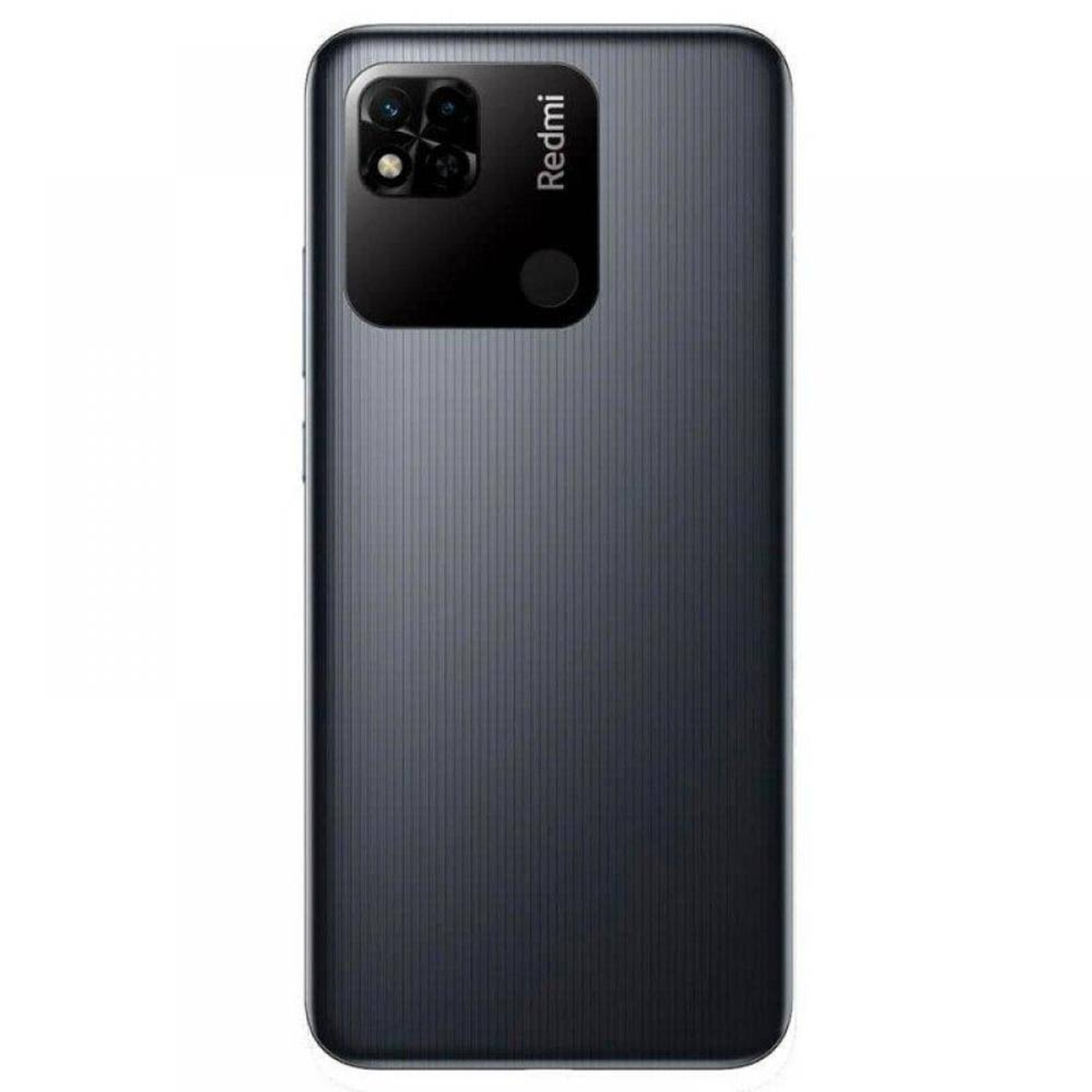 Schwarzes Smartphone, Rückansicht. Es hat ein Kameramodul und das Redmi-Logo.