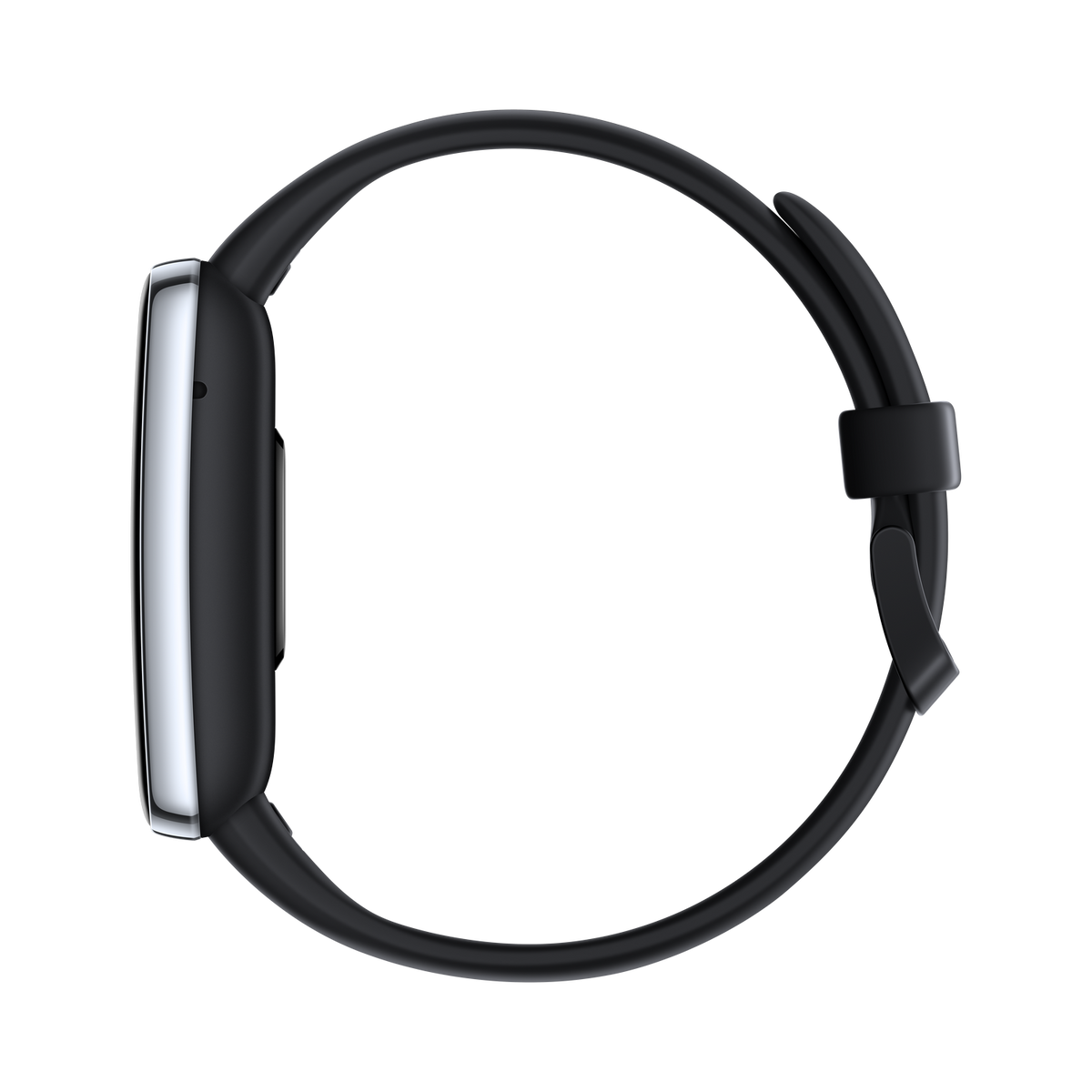 Widok z boku czarnego smartwatcha z zakrzywionym, szarym ekranem i czarnym paskiem.