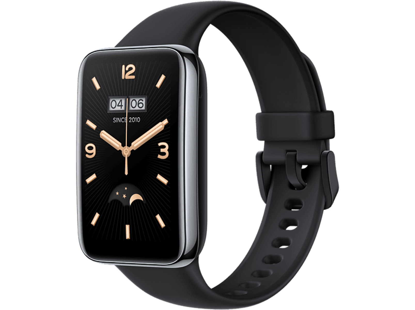 Czarny smartwatch z cyfrowym zegarem wyświetlającym datę i godzinę oraz czarnym paskiem. Zegarek ma złotą tarczę.