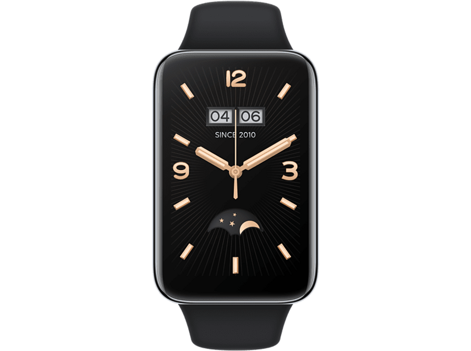 Czarny smartwatch ze złotymi detalami, pokazujący czas i datę.