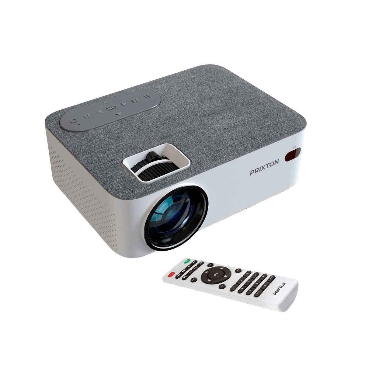 Biały i szary projektor z pilotem. Projektor stoi na czarnej powierzchni.