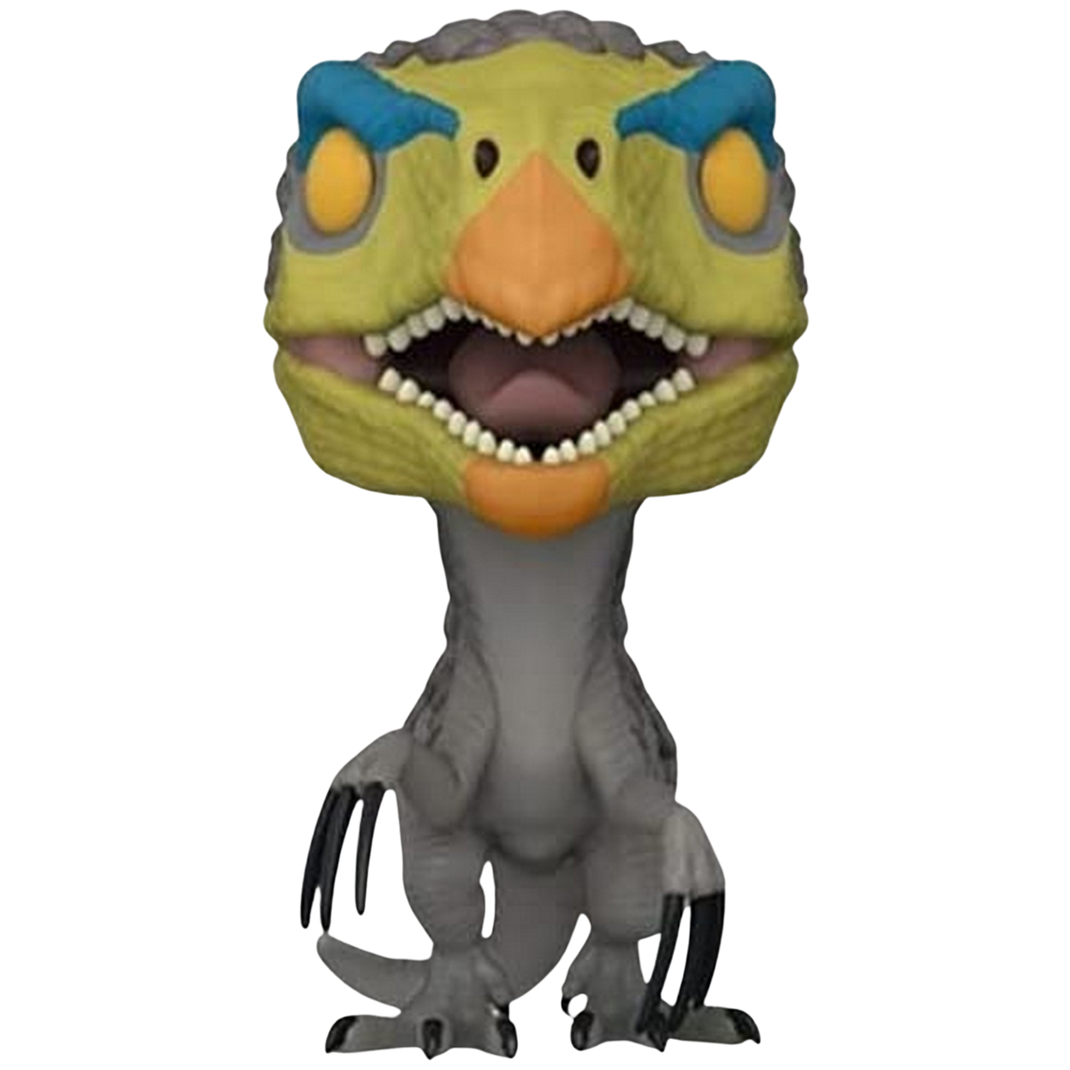Una figura Funko Pop! di dinosauro con testa gialla, accenti blu e corpo grigio.
