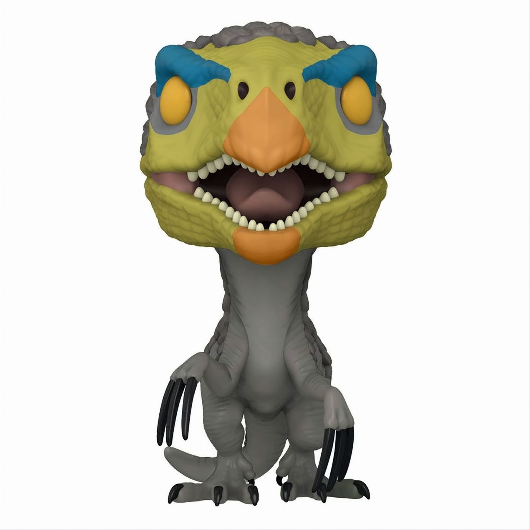 Funko Pop di un dinosauro con testa gialla, occhi blu e bocca aperta.