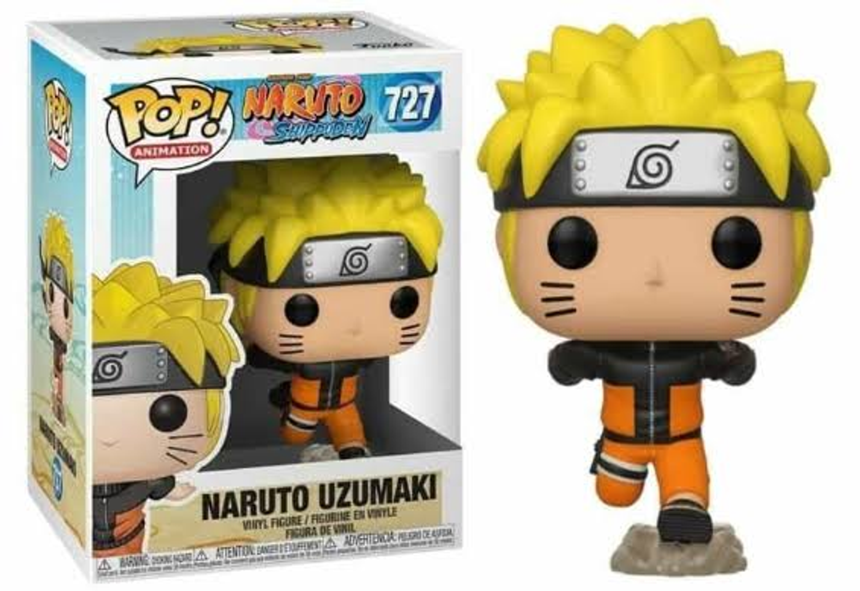 Figura Funko Pop di Naruto Uzumaki nella scatola. La figura è davanti alla scatola.