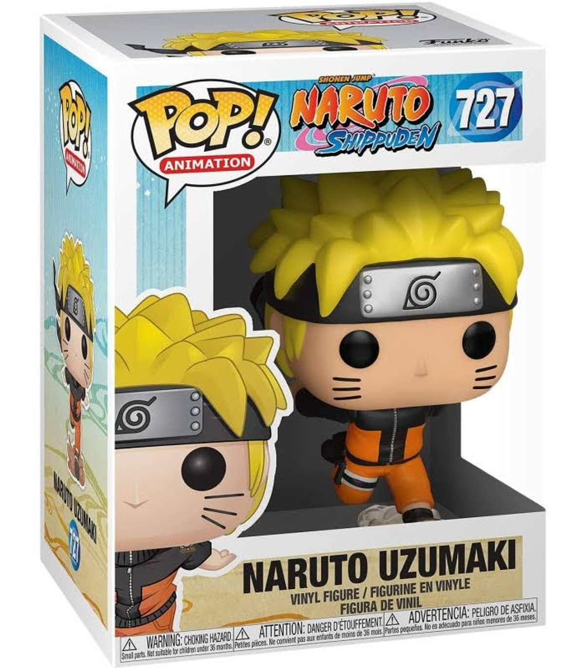 Figura di Naruto Uzumaki in una scatola. La figura è arancione e nera con i capelli gialli.
