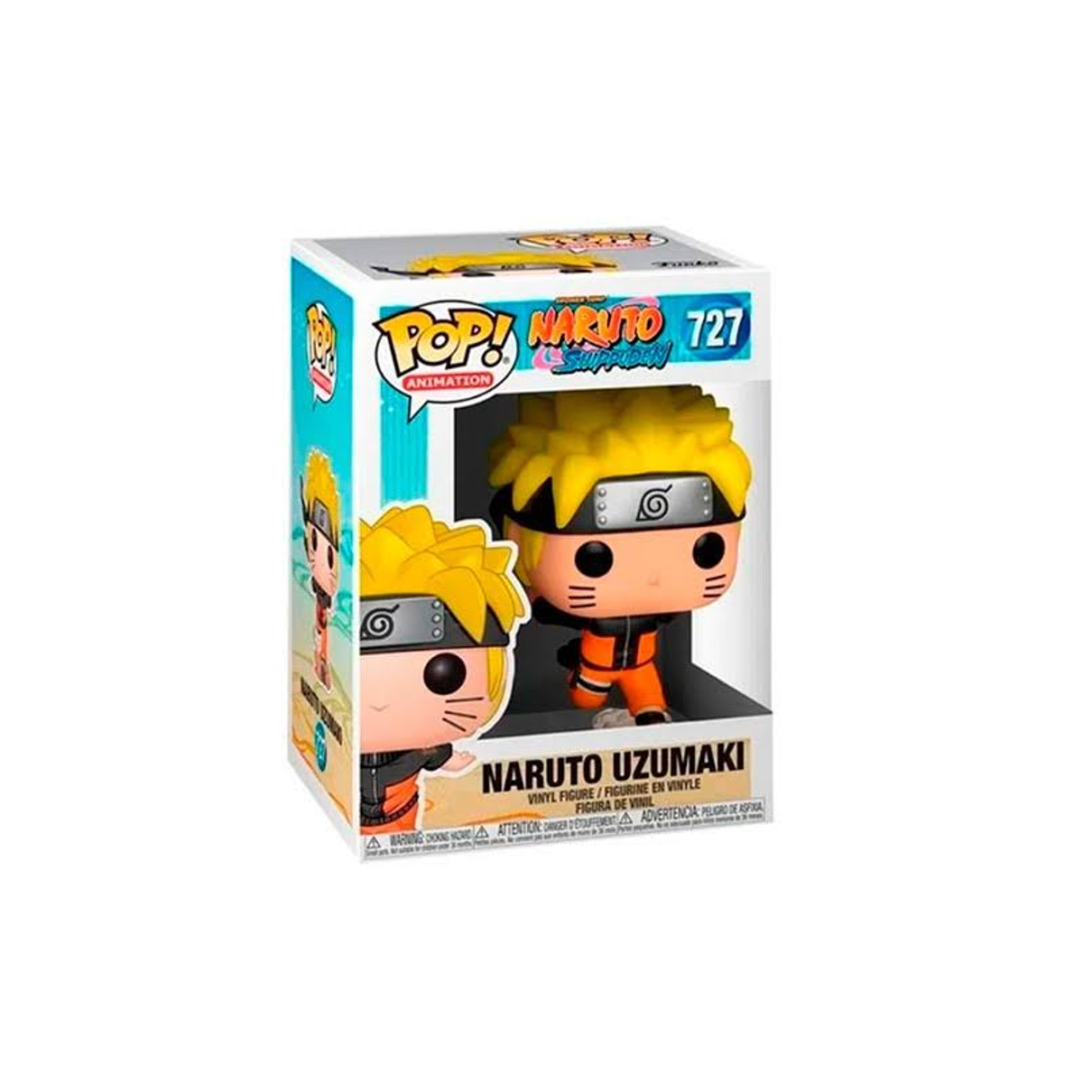 Figura Funko Pop di Naruto Uzumaki in una scatola. La figura è arancione e gialla.