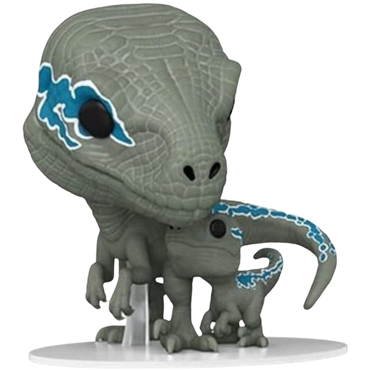 Un giocattolo a forma di dinosauro grigio con segni blu, e una versione più piccola accanto. Entrambi su base bianca.