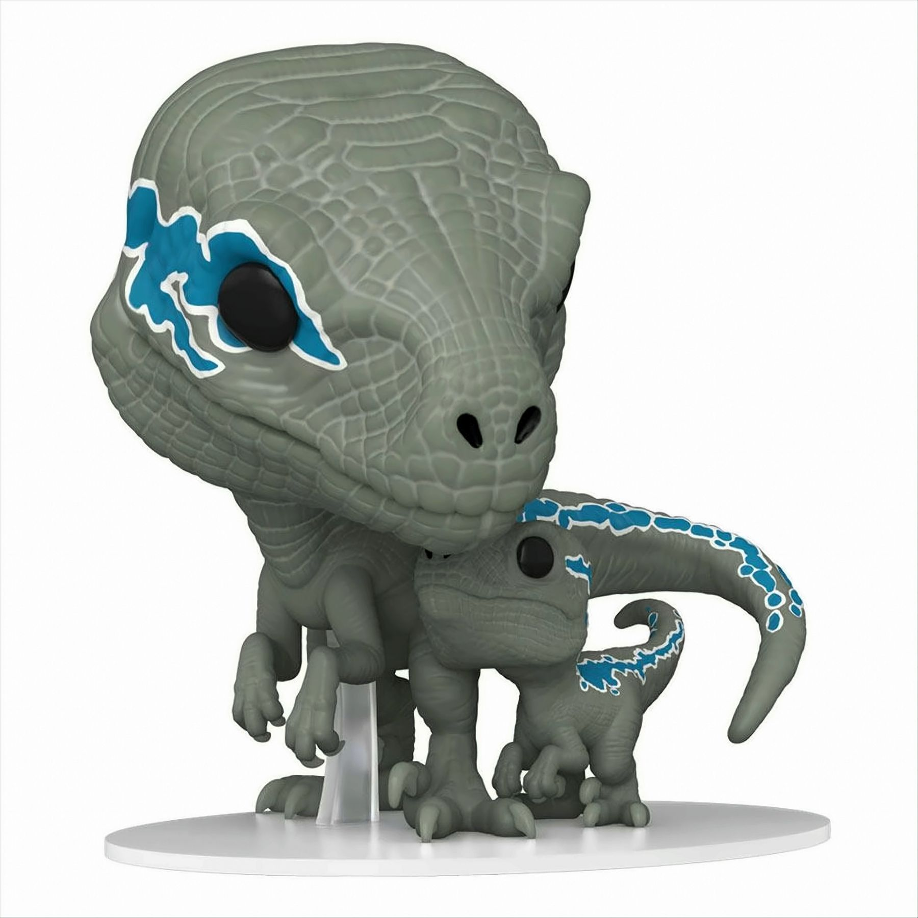 Due figure di dinosauri. Un grande dinosauro grigio e uno piccolo. Segni blu sulla pelle.