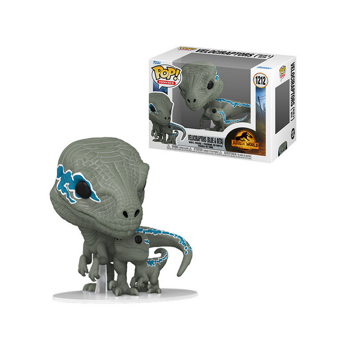 Una figura Funko Pop di un velociraptor, con una scatola abbinata dietro.