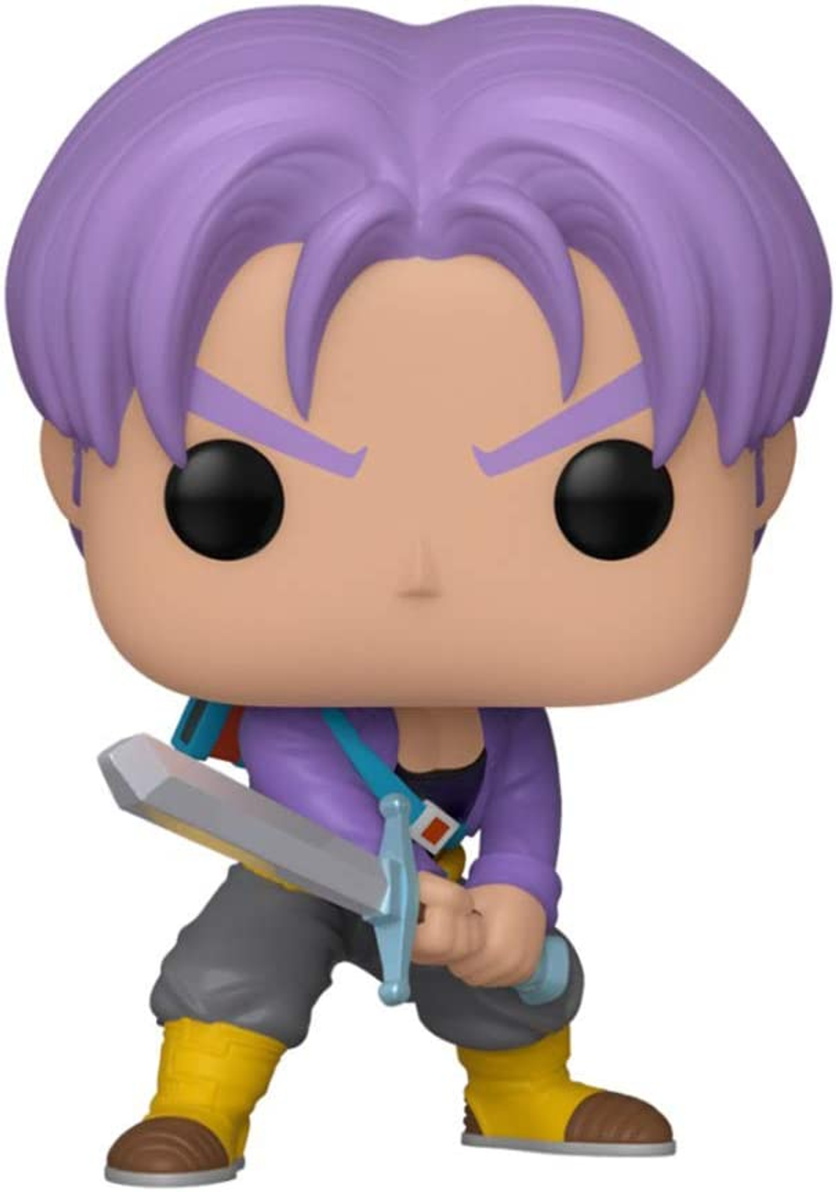 Figura di Trunks Funko Pop. Capelli viola, che tiene una spada. Indossa una giacca. Sfondo bianco.