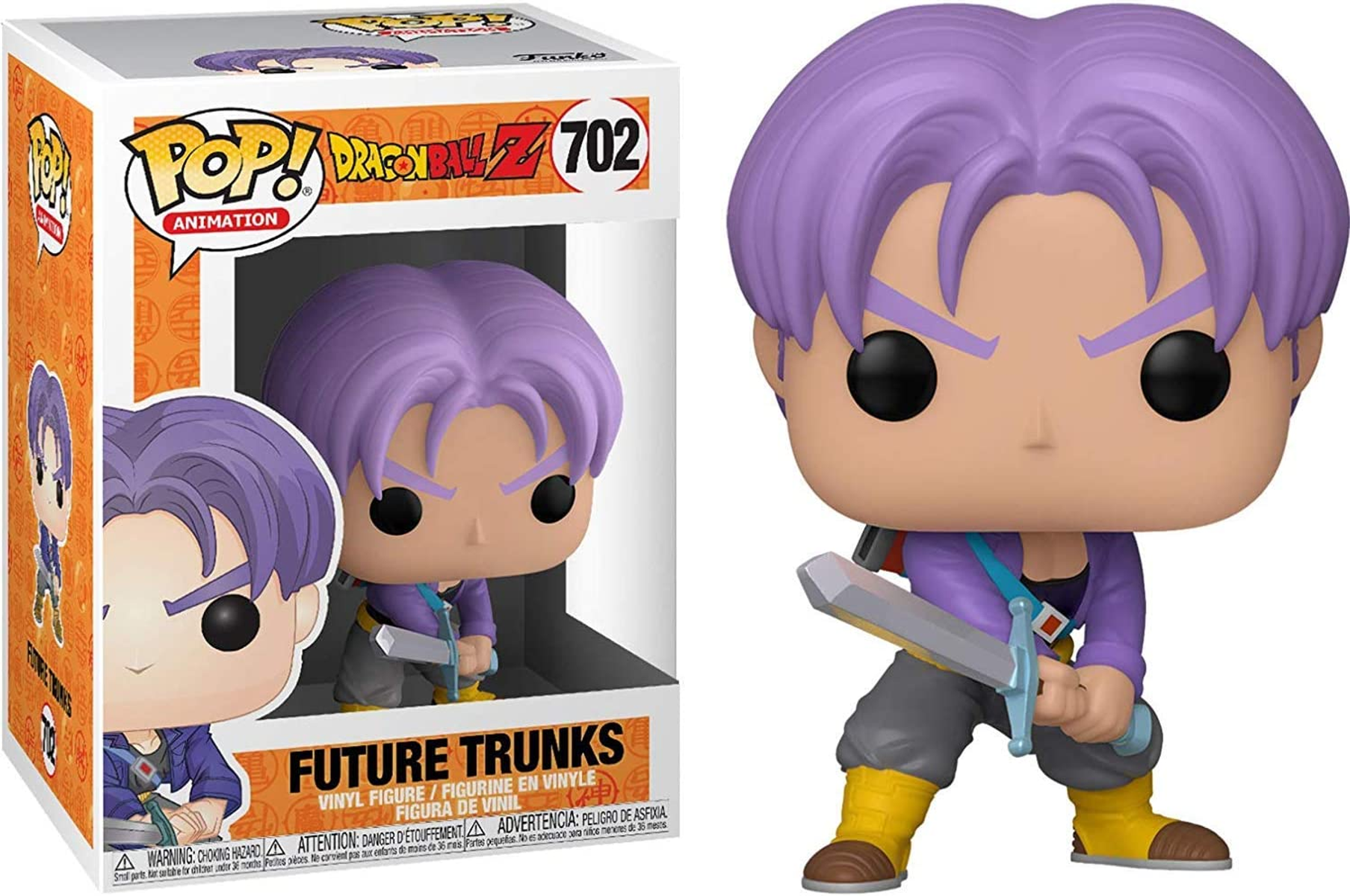 Figura di Future Trunks da Dragon Ball Z. Capelli viola, con una spada. Scatola espositiva a sinistra.