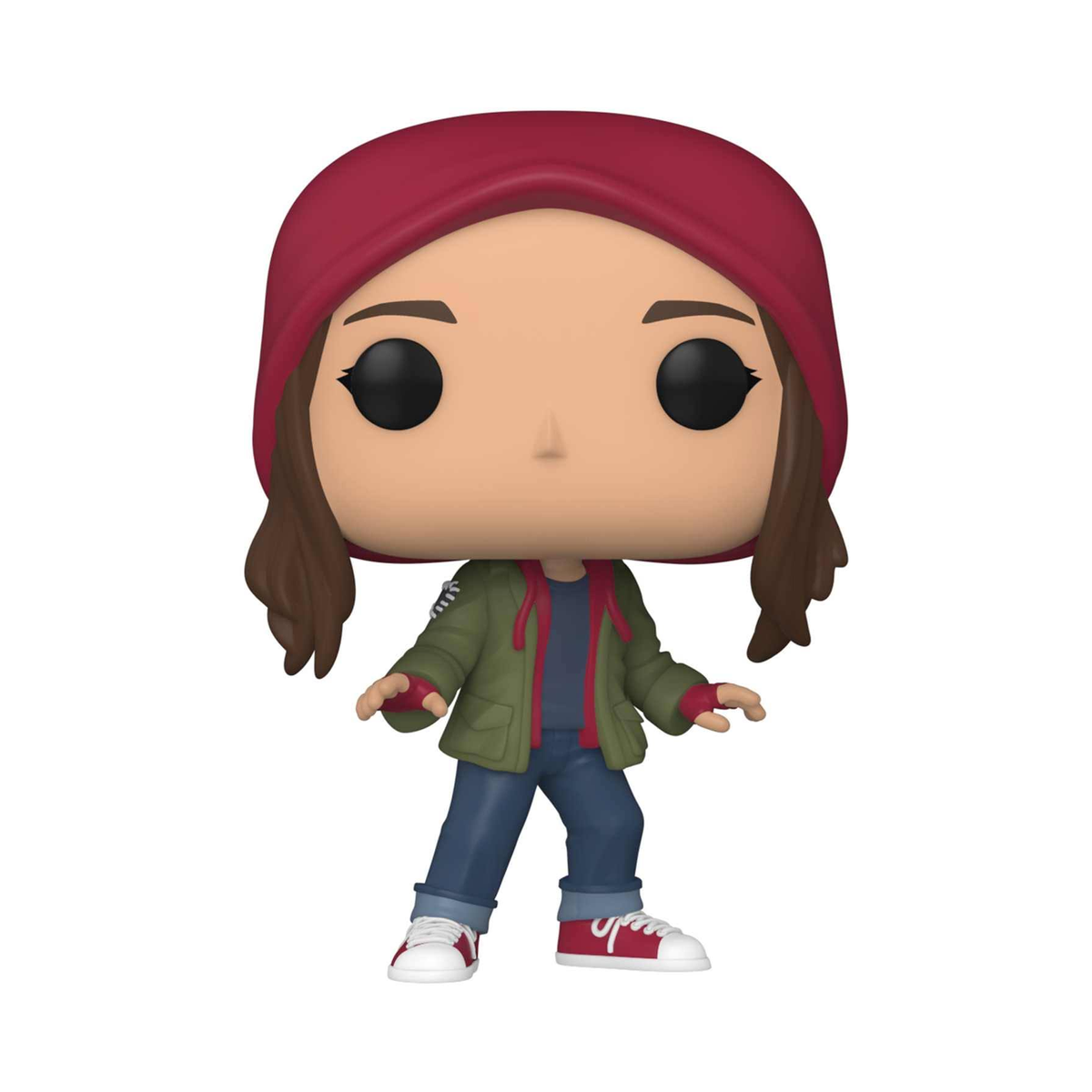 Figura Funko Pop de una niña con sombrero rojo, chaqueta verde, vaqueros azules y zapatillas rojas.