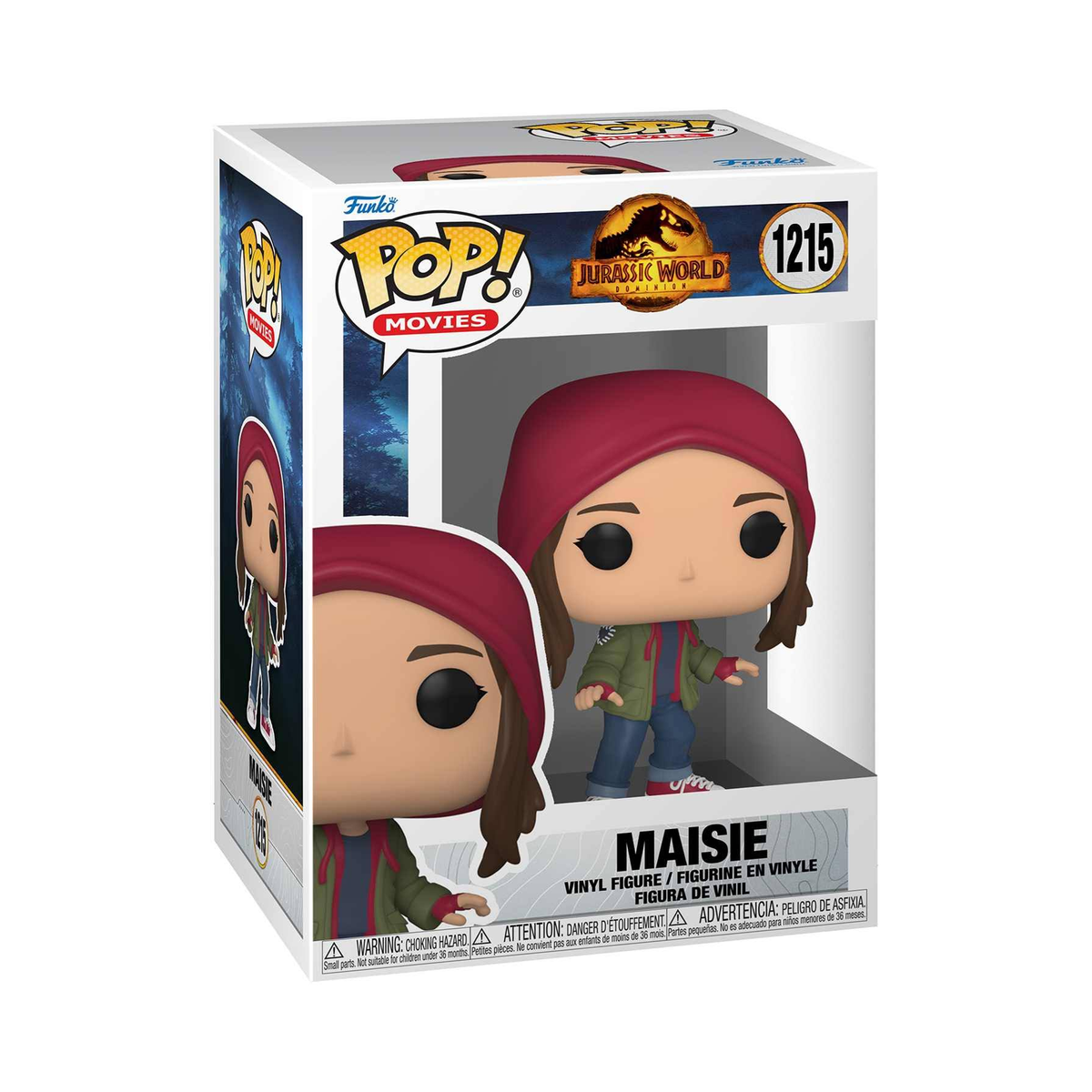 Figura de vinilo Maisie en caja, basada en la película Jurassic World. La figura lleva un gorro rojo.