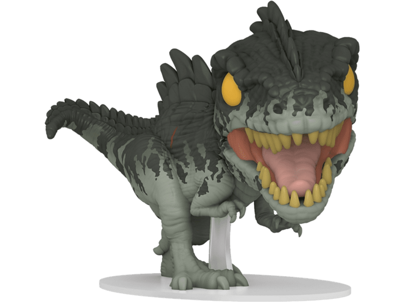 Dinosaurierfigur mit offenem Mund. Sie steht auf einem kleinen Ständer mit weißem Sockel.
