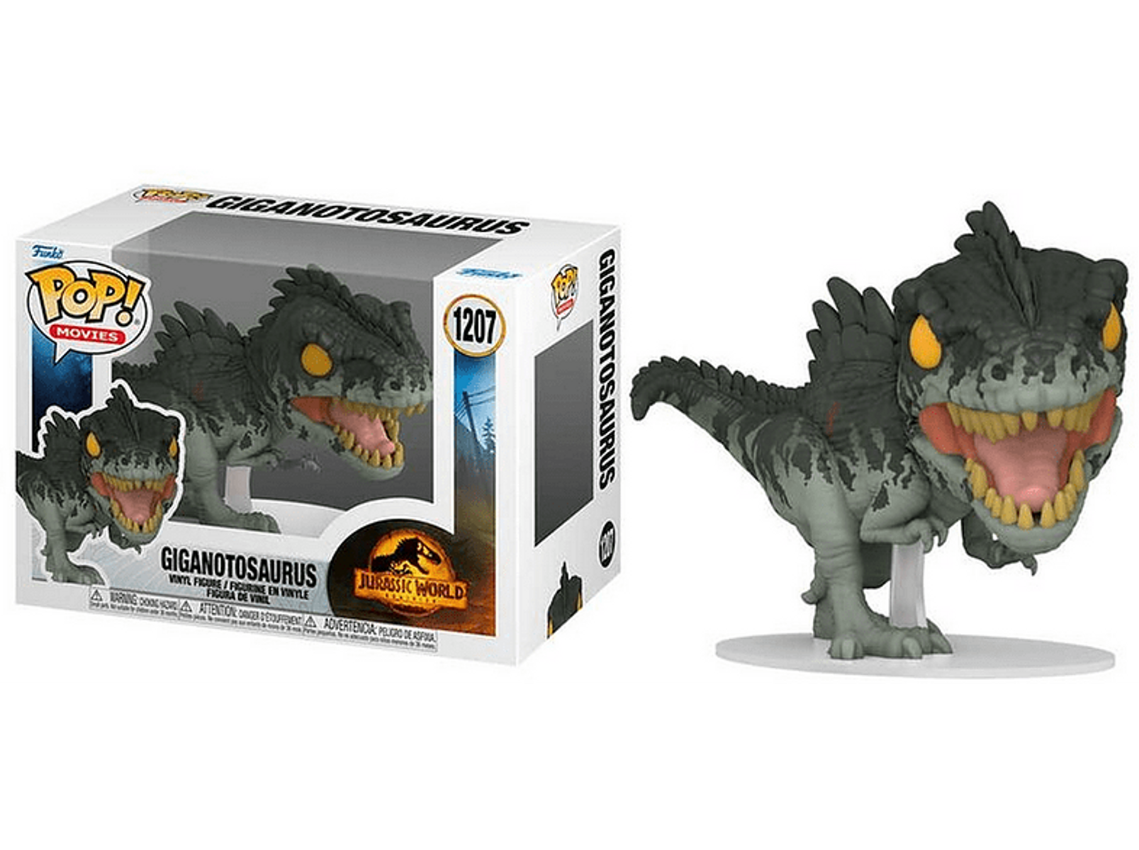 Eine Giganotosaurus Funko Pop Figur neben der Box. Es ist ein grauer Dinosaurier mit offenem Maul.