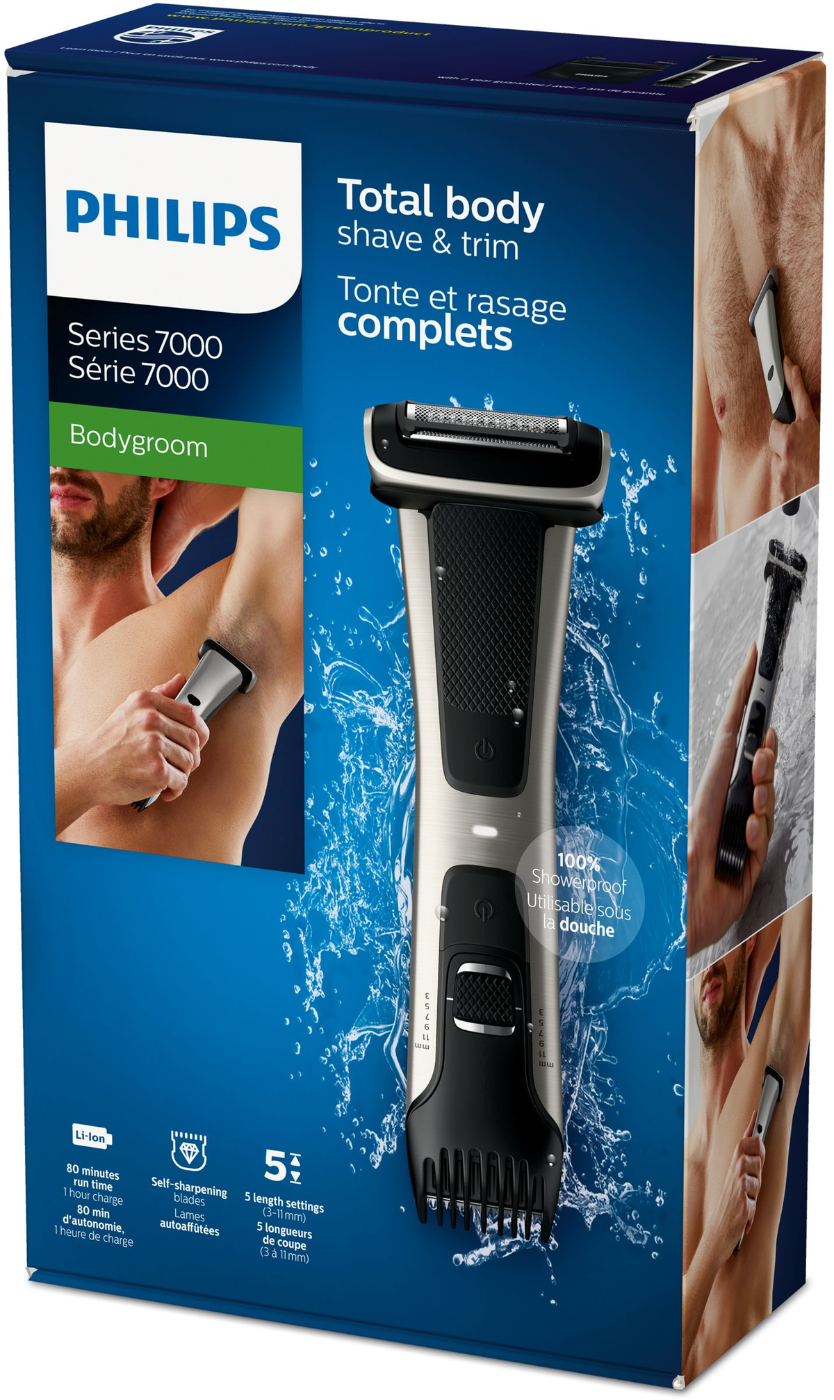 Pudełko Philips Bodygroom, z mężczyzną golącym się i golarką.